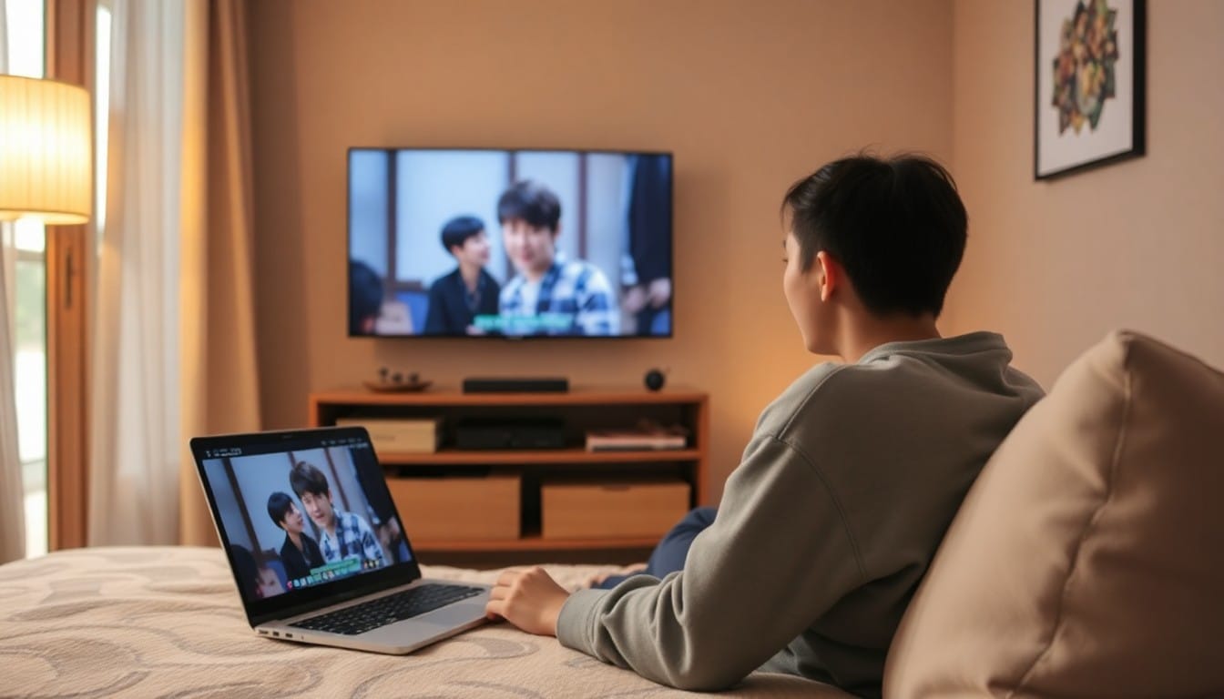 カフェで韓国ドラマを見ながらシャドーイング練習をしている人