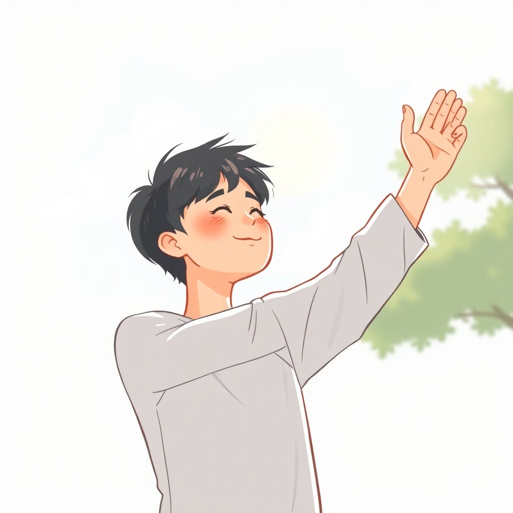 晴れた空の下でリフレッシュした表情の人物のイラスト