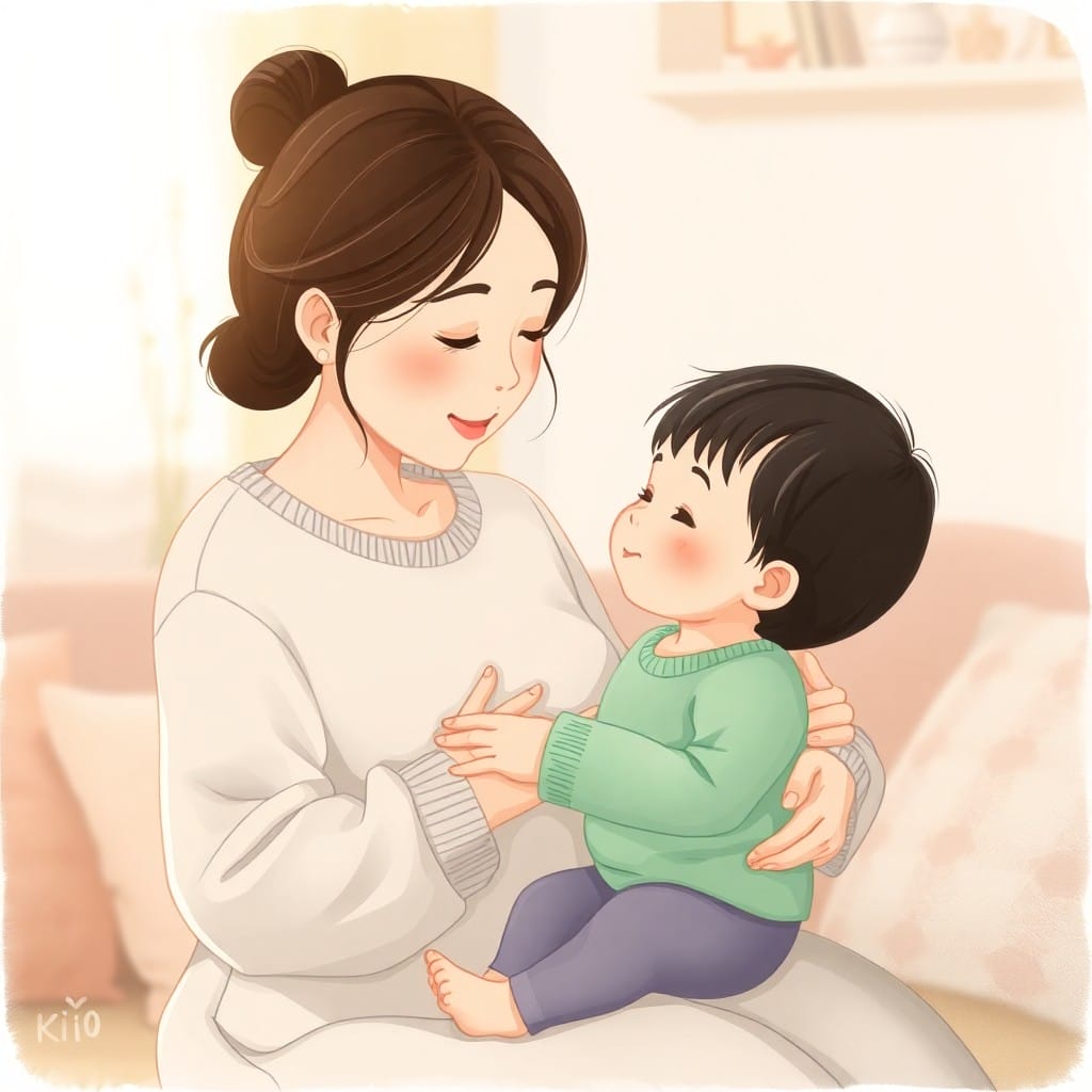 韓国の母親が子供のお腹を優しくさすっている心温まるイラスト