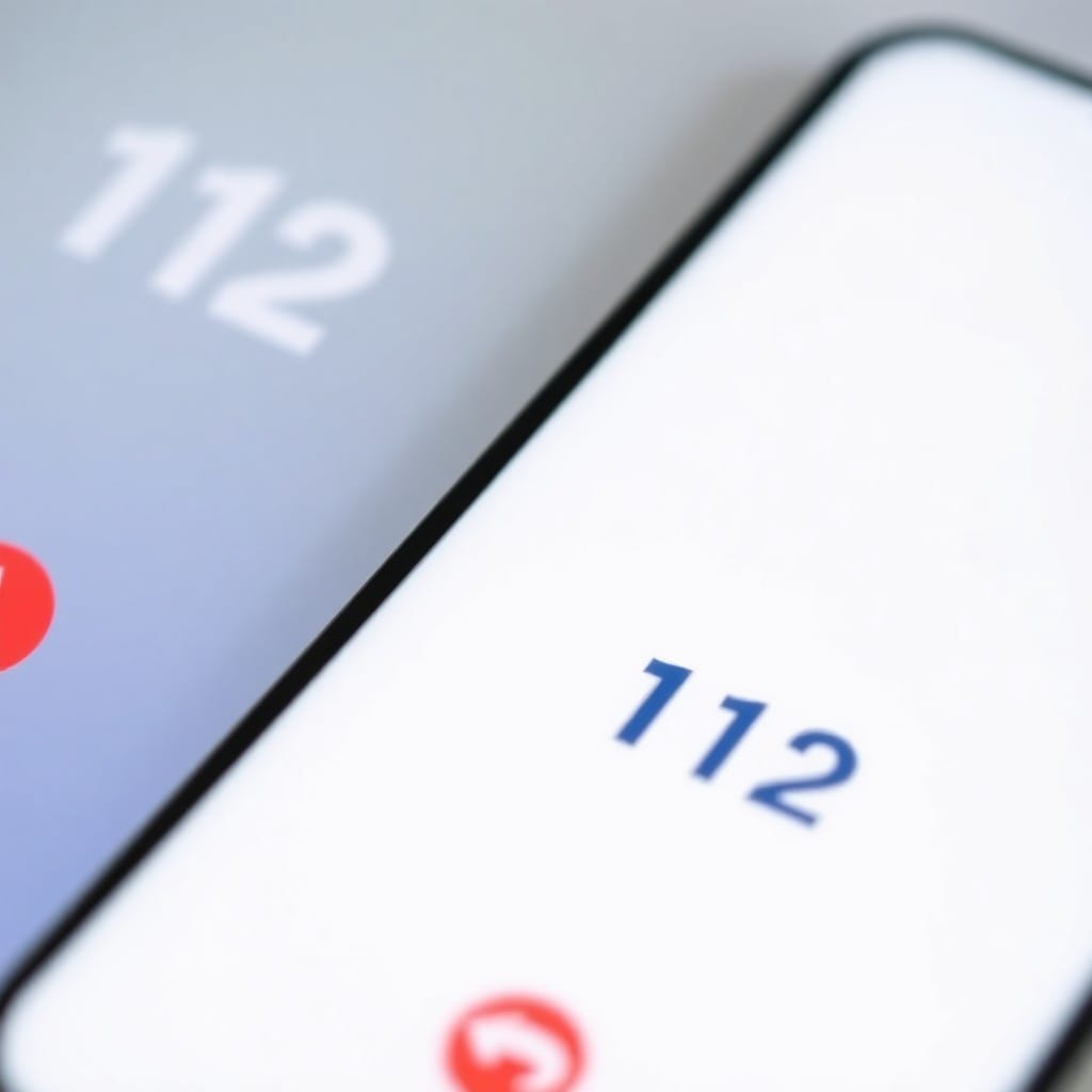 スマートフォンで112に緊急通報している様子や、注意・危険を示すアイコン