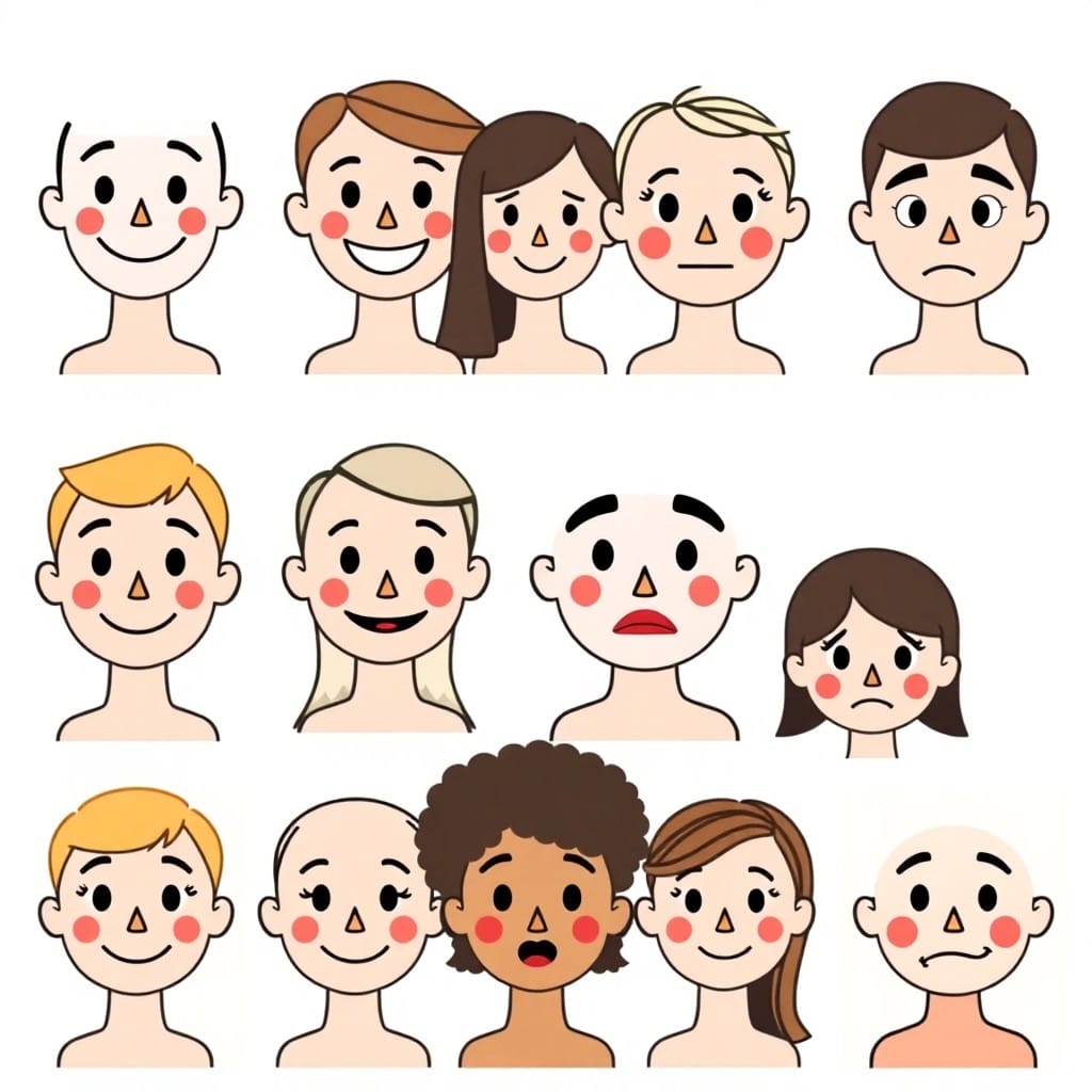 様々な感情(喜び、同意、驚き、悲しみ)を表す顔アイコンのコラージュ