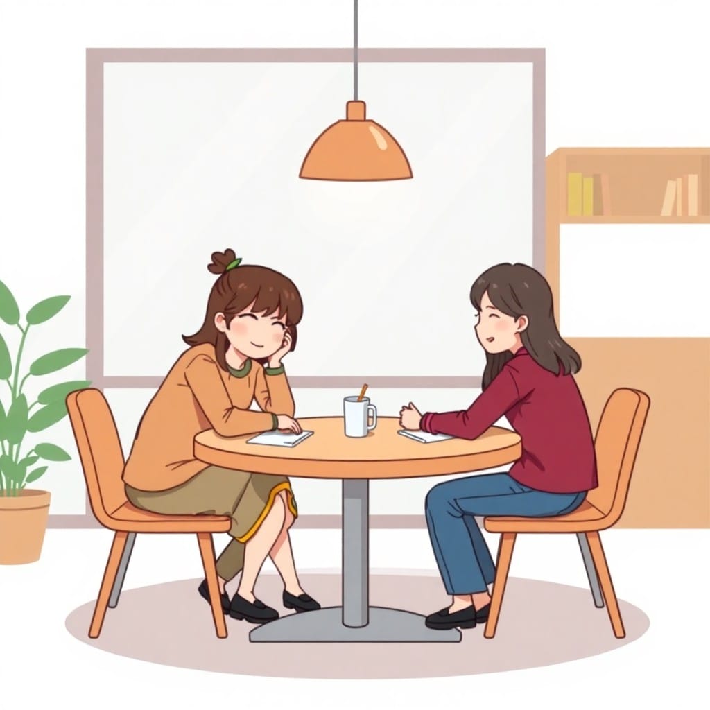 数人がテーブルで協力的に話し合いをしているイラスト