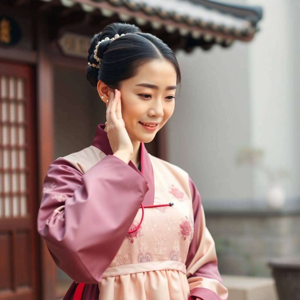 韓服を着た人物が丁寧に挨拶(お辞儀)をしている様子
