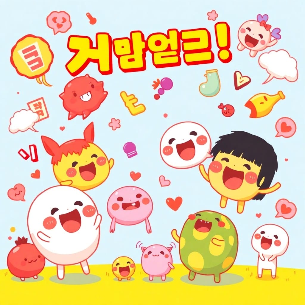 韓国語の様々なオノマトペが飛び交う、ポップで楽しいイラスト