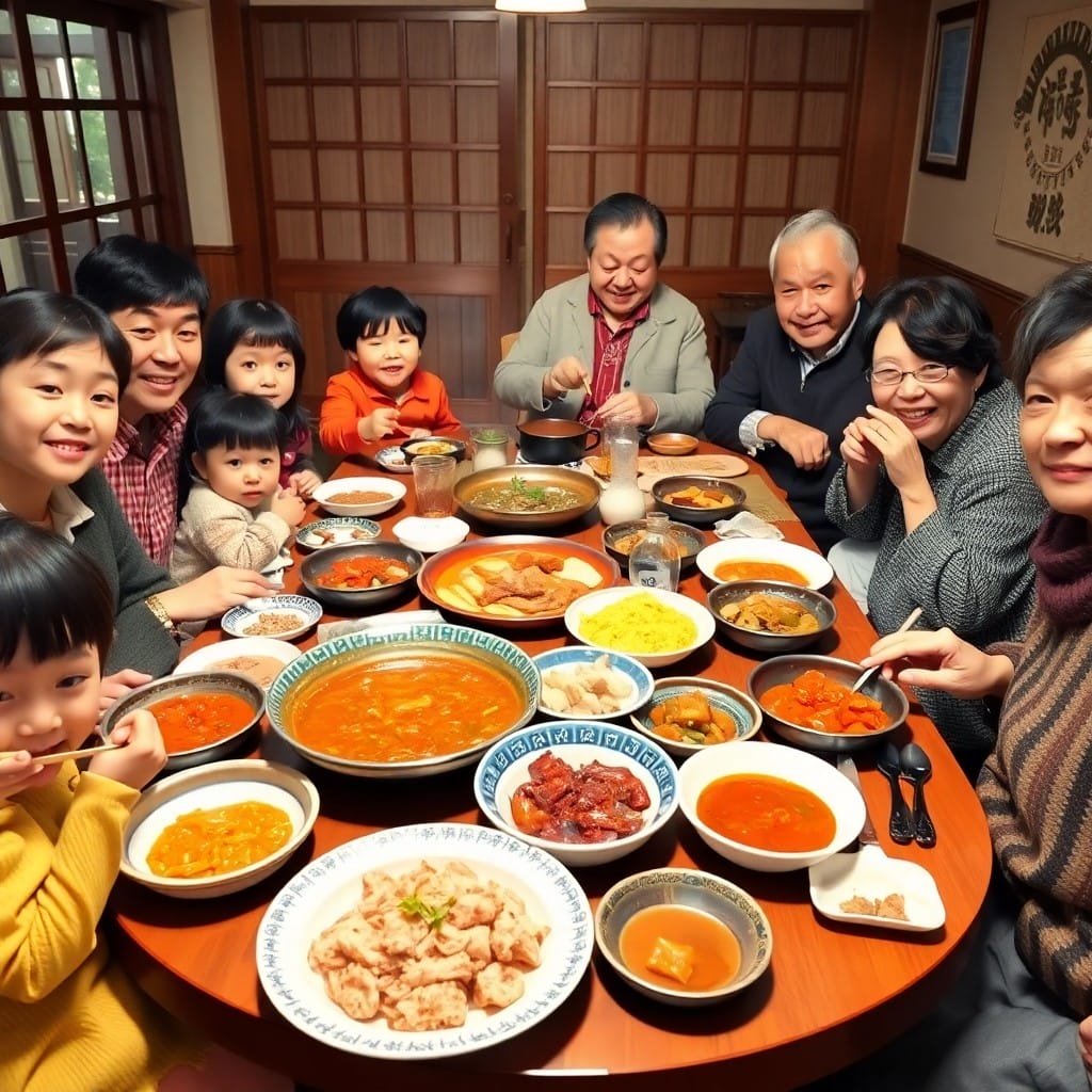韓国の家庭で、様々な年代の家族や友人が食卓を囲み、温かい雰囲気で食事と会話を楽しんでいる様子。情(ジョン)の文化を象徴する。