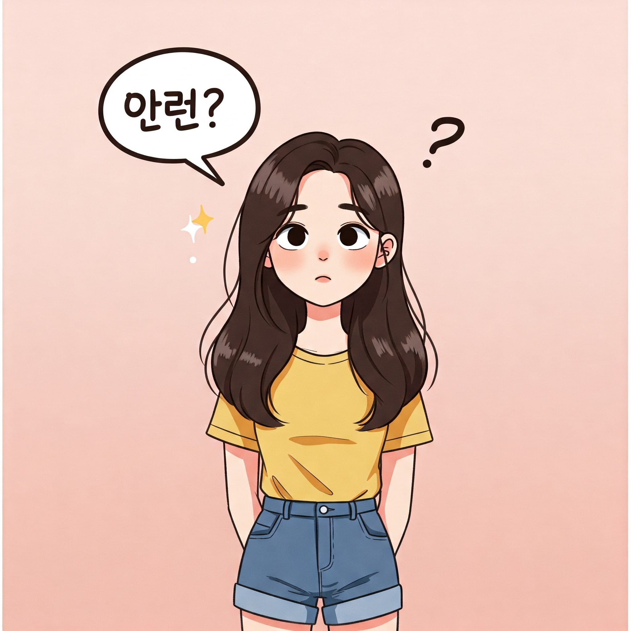 「왜? (ウェ？)」と首をかしげる女性のイラスト