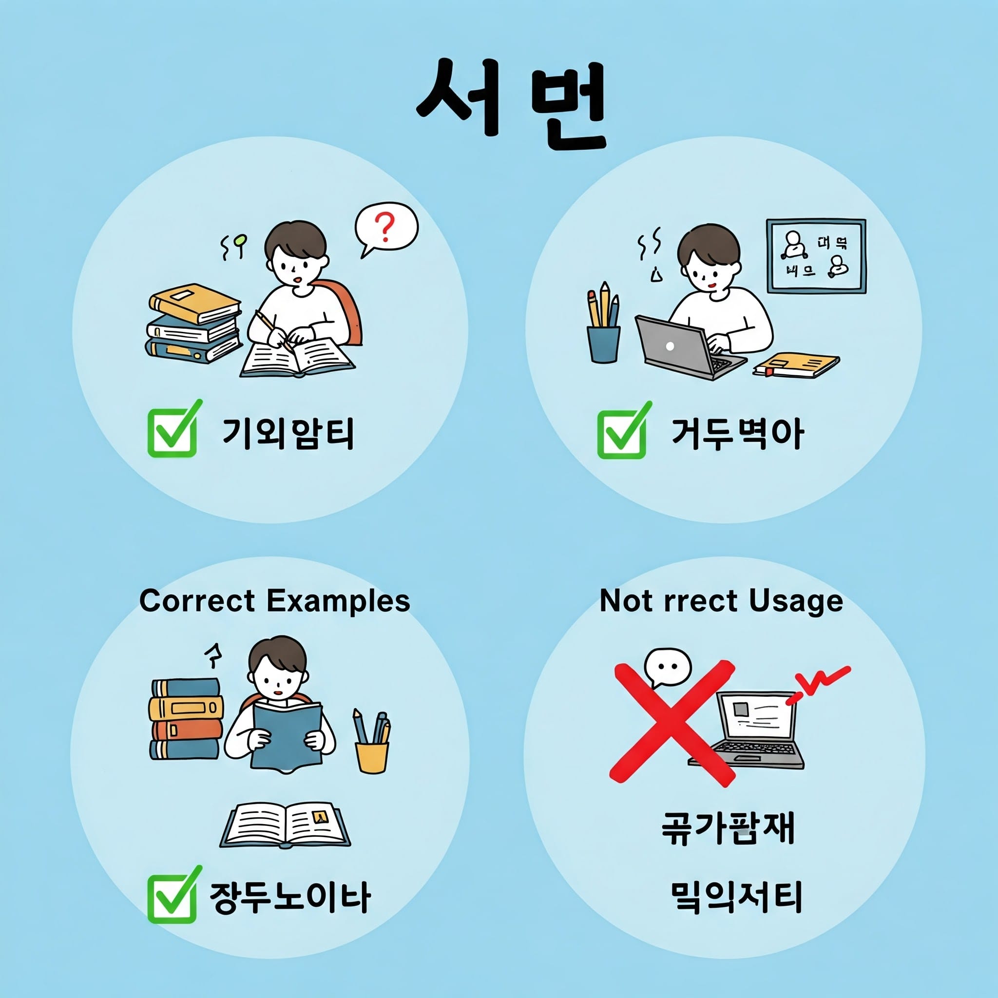 形容詞「예쁘다」の前に「못」があり、それに赤い禁止マークが付いているイラスト。