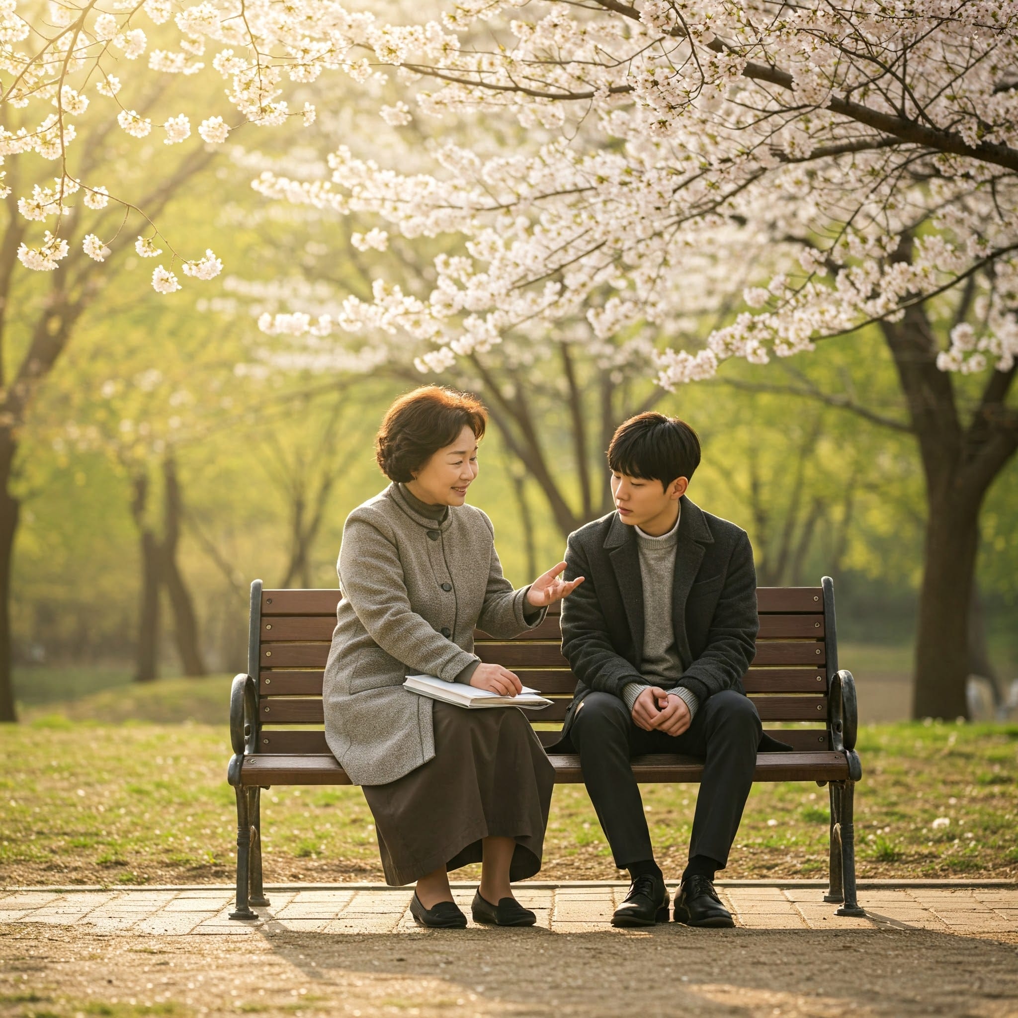公園のベンチで話す年上女性（ヌナ）と年下男性、春の風景