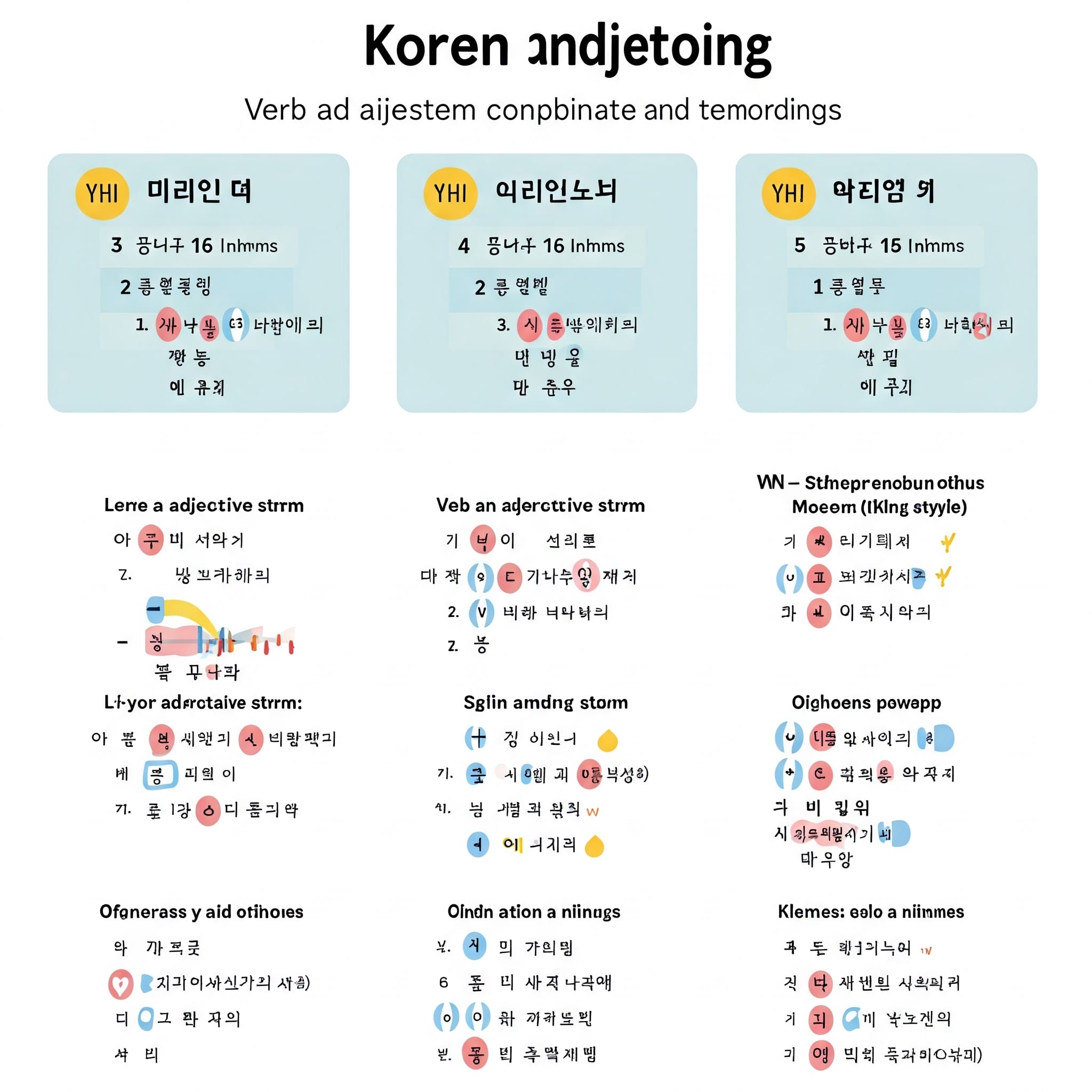 韓国語の動詞・形容詞の語幹が-았어요, -었어요, -했어요と結合する様子を示したインフォグラフィック