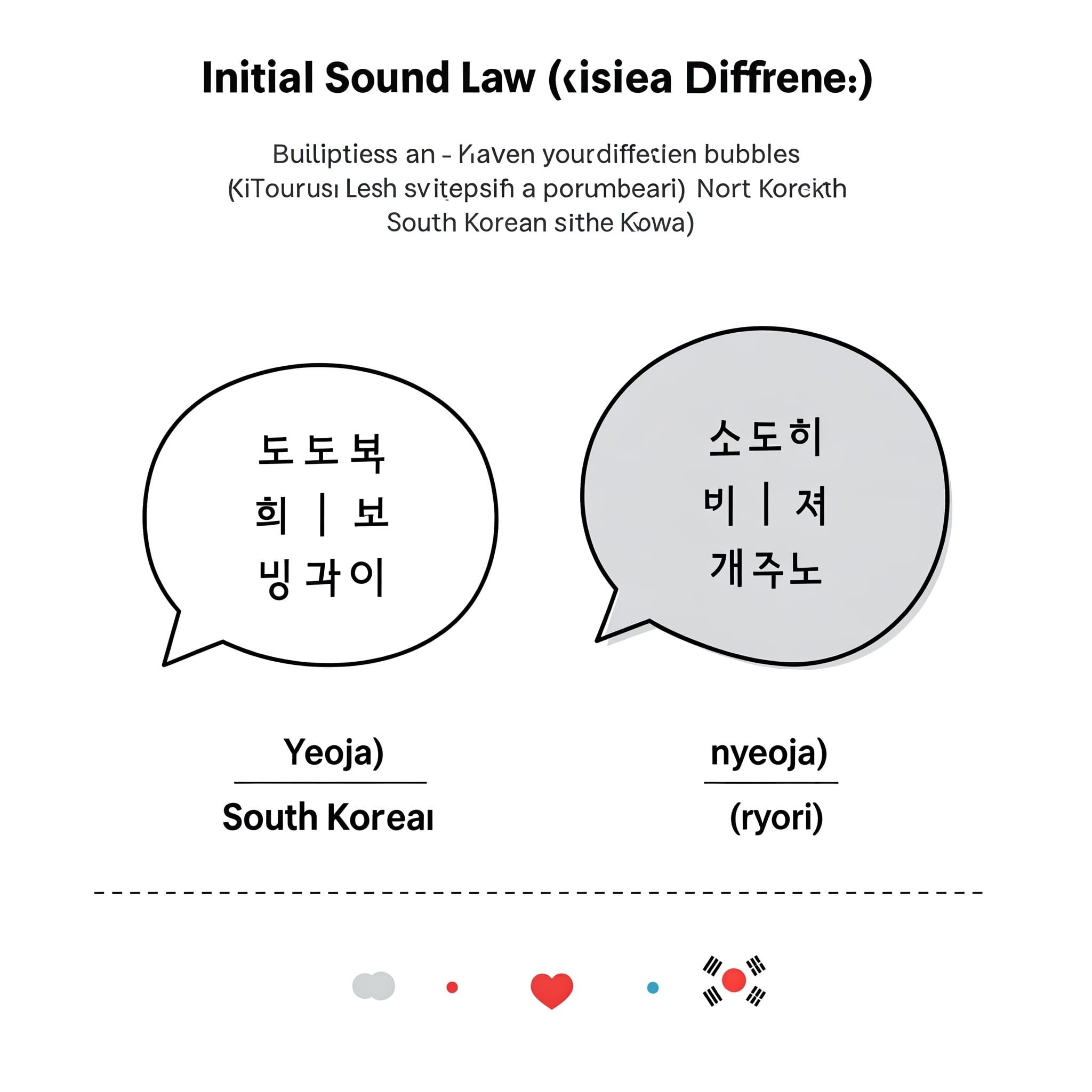 韓国語の「여자 (ヨジャ)」と北朝鮮の「녀자 (ニョジャ)」を吹き出しで比較するイラスト