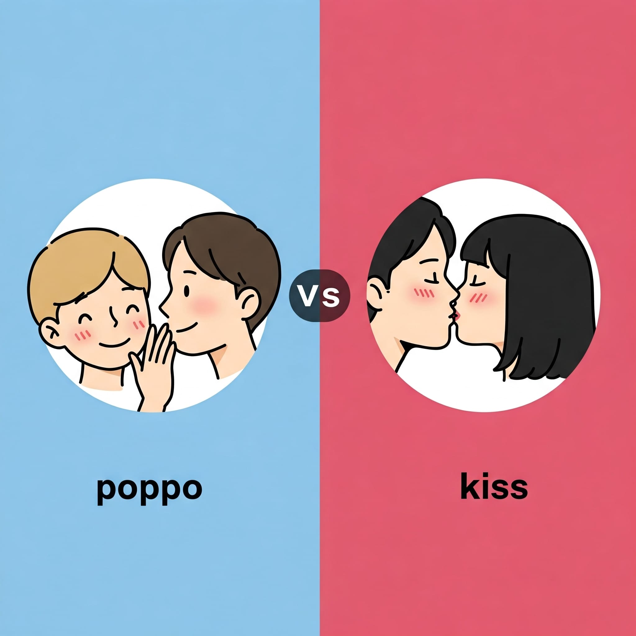 「ポッポ」と「キス」の違いを示すインフォグラフィック風イラスト