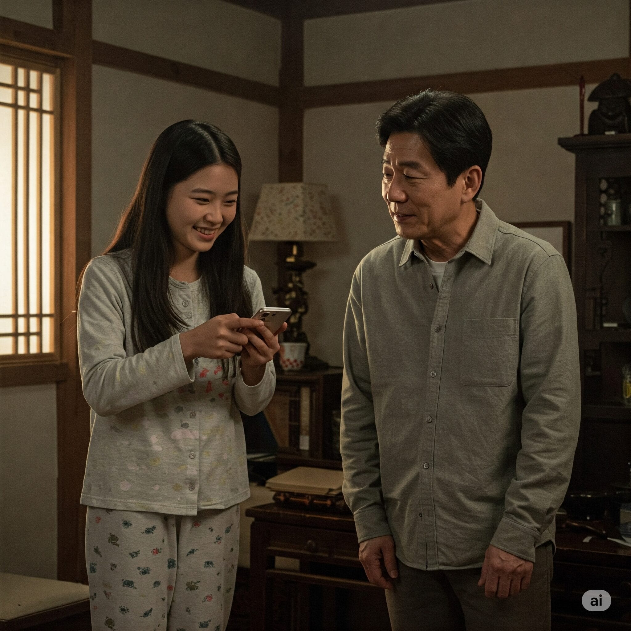 居心地の良い韓国の家庭で、妹が兄に笑顔で話しかけている心温まるシーン。兄は優しく妹を見守っている。