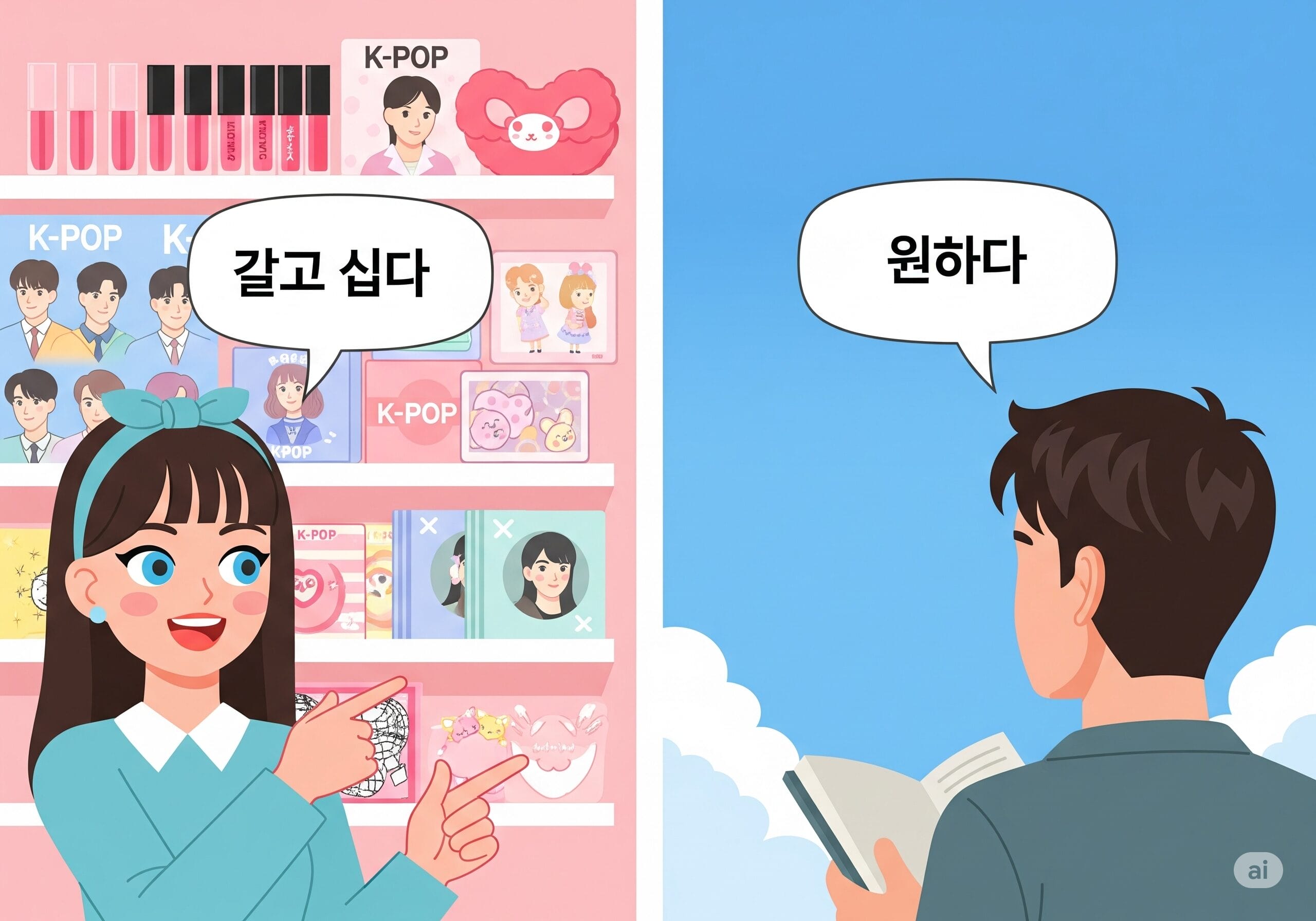コスメやK-POPグッズが並ぶ店内で、欲しいものを指差す人と、空を見上げて願いを込める人の対比イラスト。