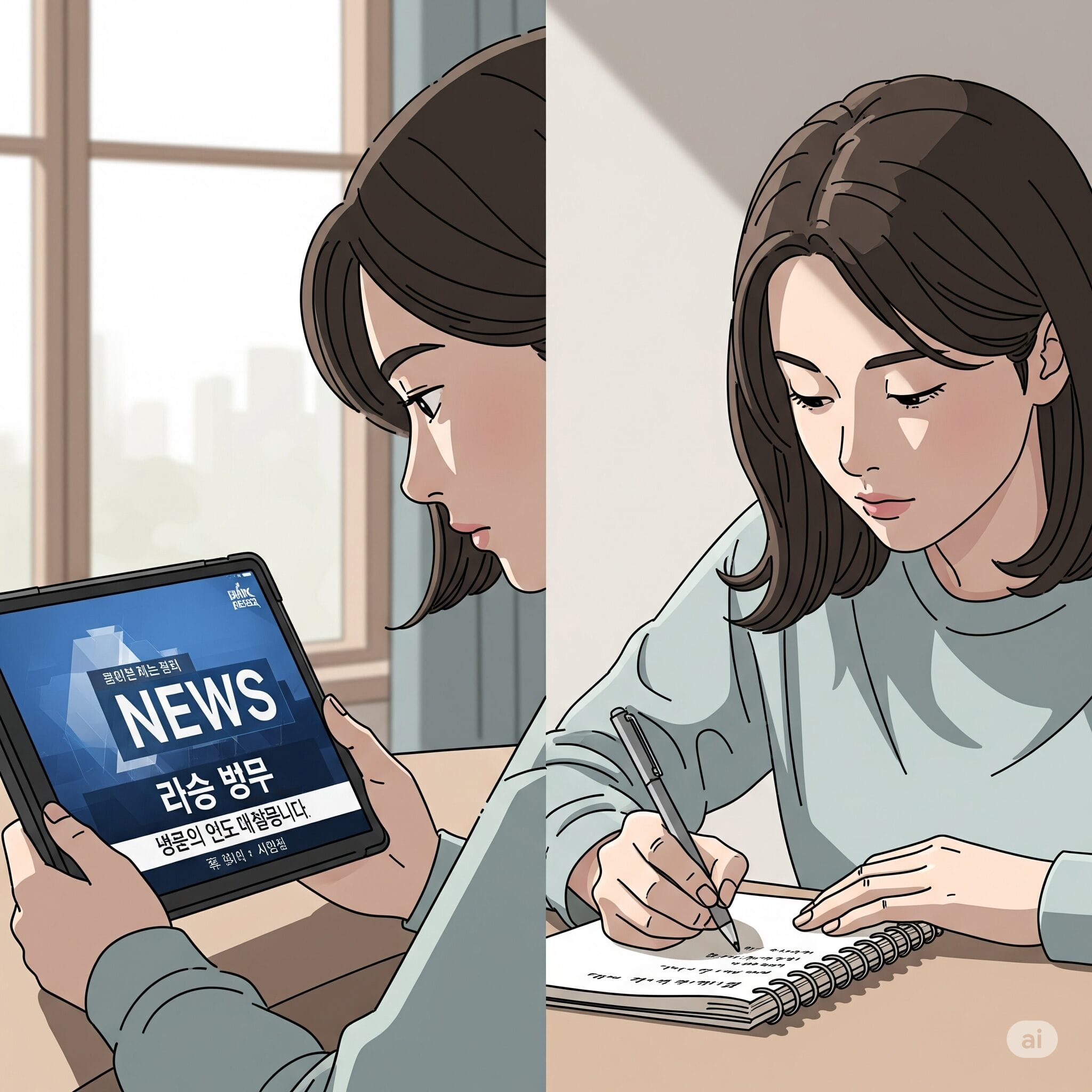 タブレットで韓国ニュースを見ながらノートを取る人