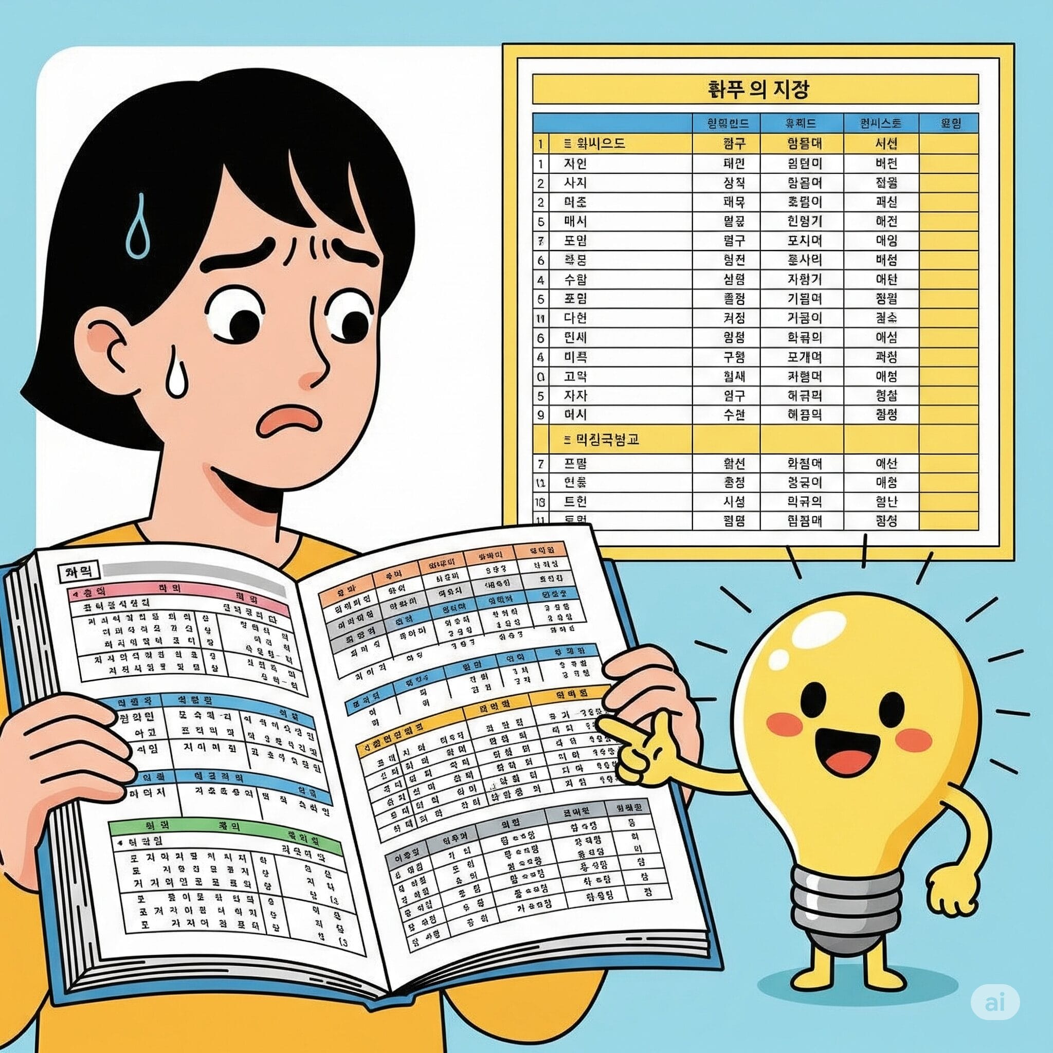 韓国語の文法書を見て困惑する人と、ㅂ変則を解説する電球キャラクター