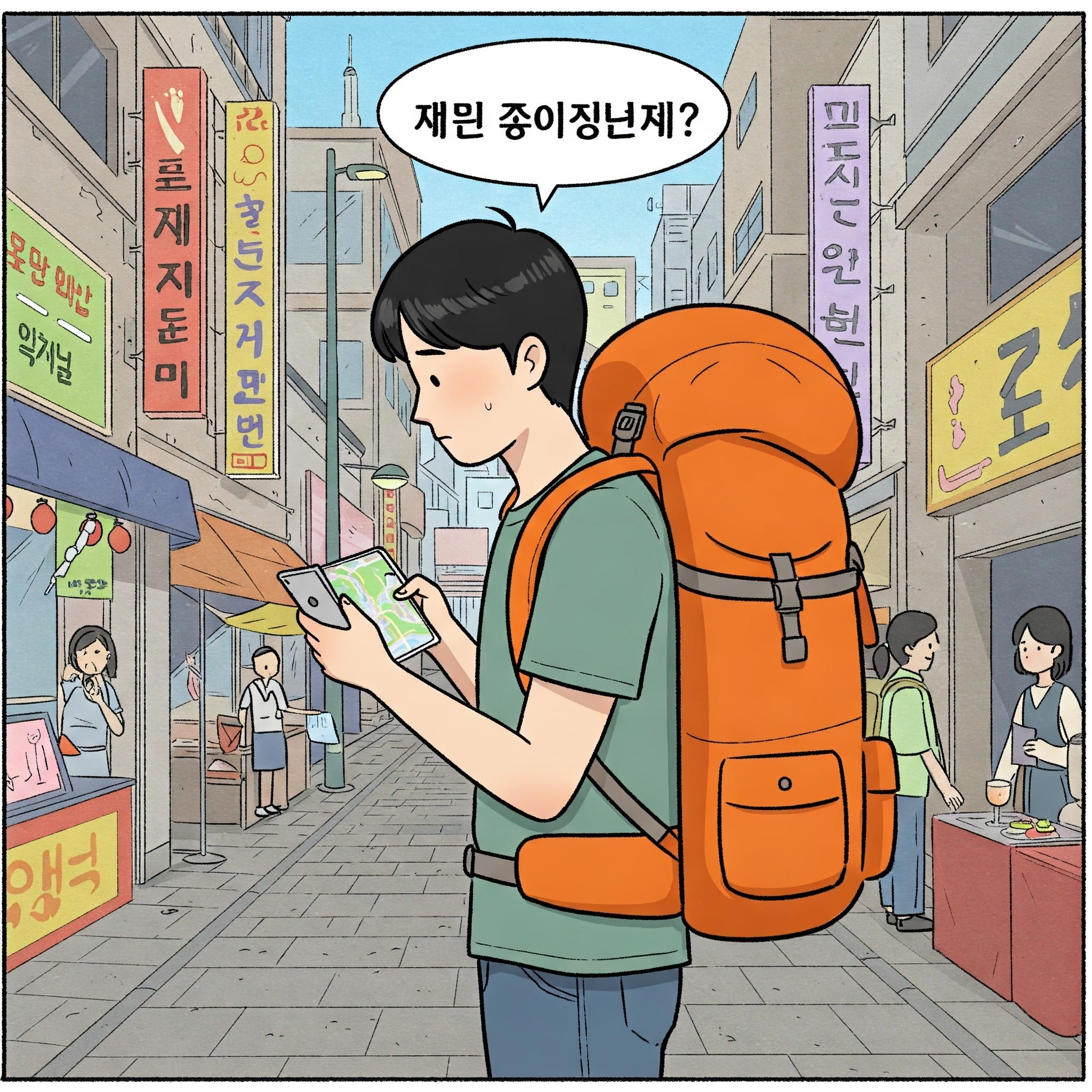 旅行者が地図を見ながら「ヨギガ オディジ？」と困っているイラスト