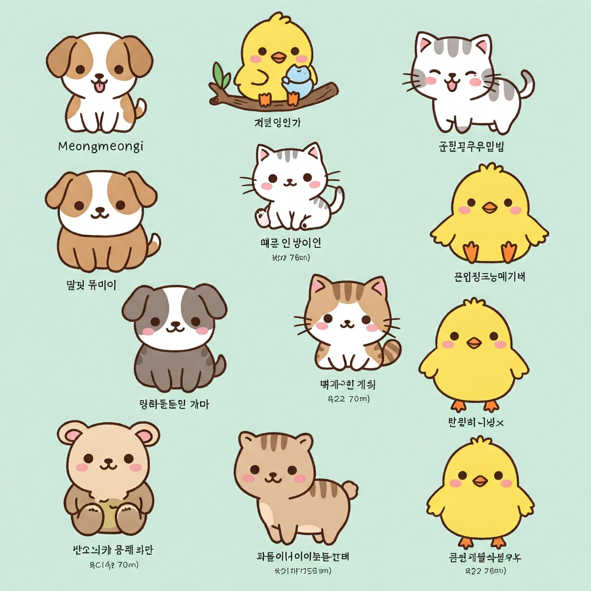 可愛い動物キャラクターと韓国語の赤ちゃん言葉のラベル