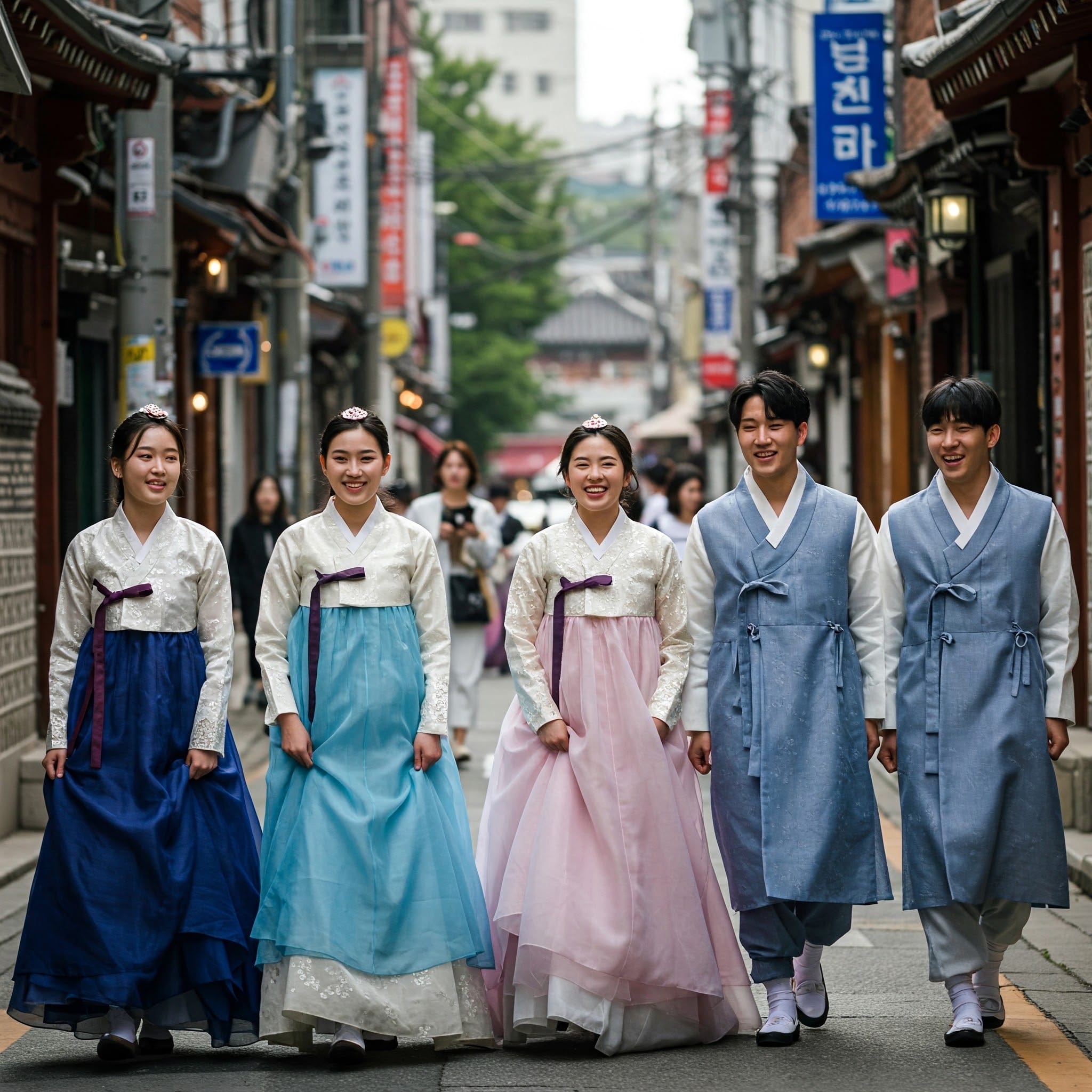 現代的な生活韓服を着て街を歩く若者たち