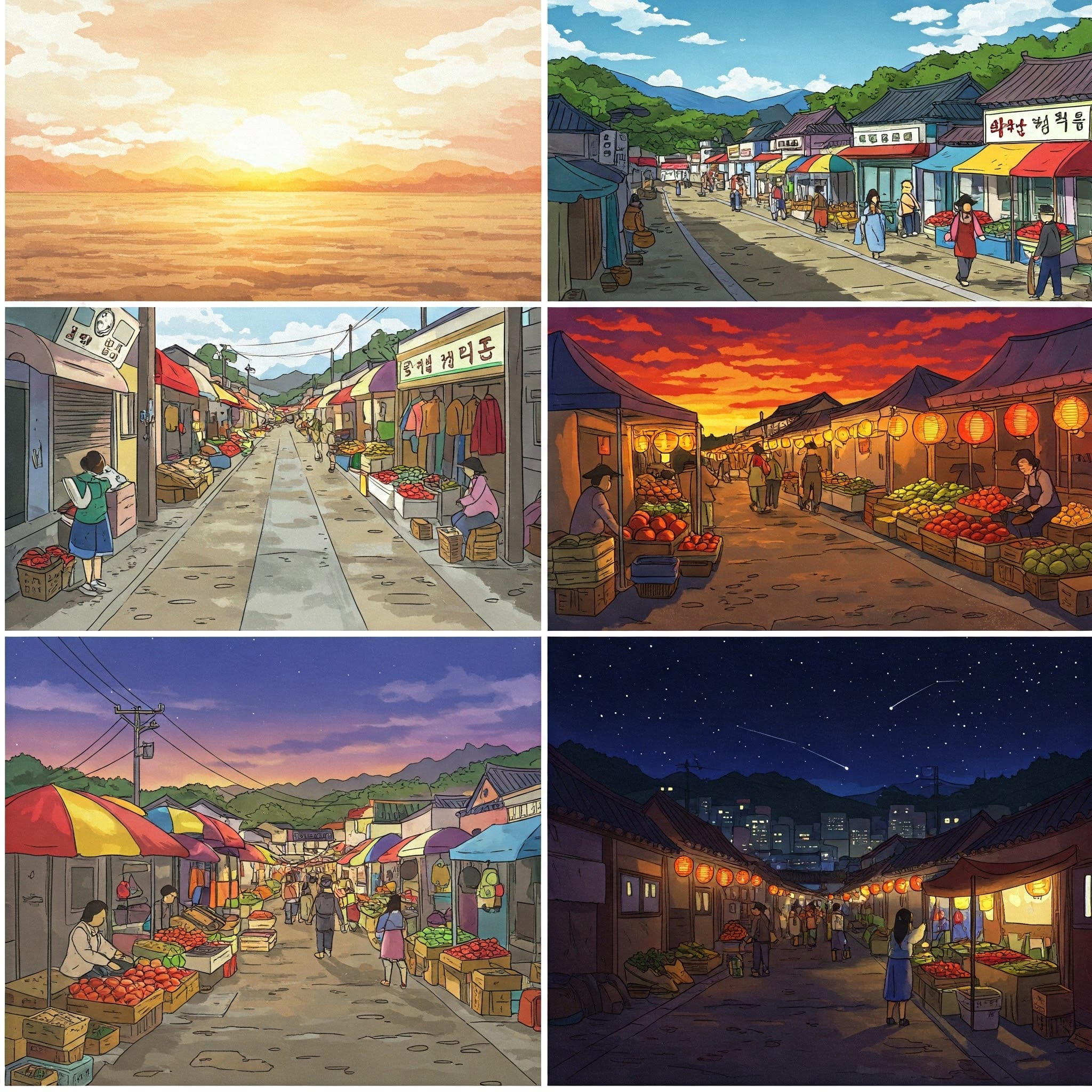 韓国の街並みの朝・昼・夕方・夜の時間の流れを示すイラストコラージュ