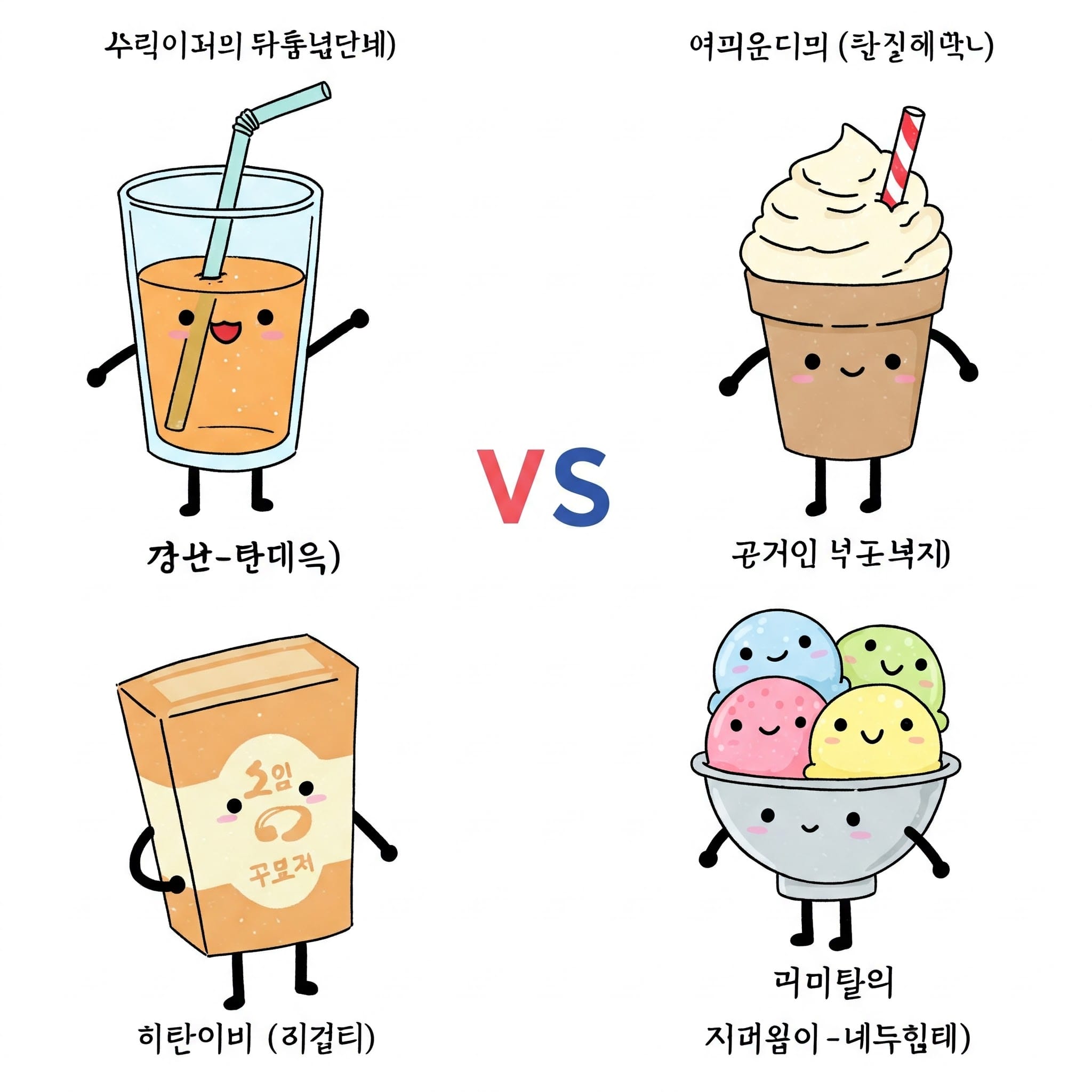 「ジュース」の韓国語「주스」と北朝鮮の言葉「과일단물」を並べて表示したイラスト