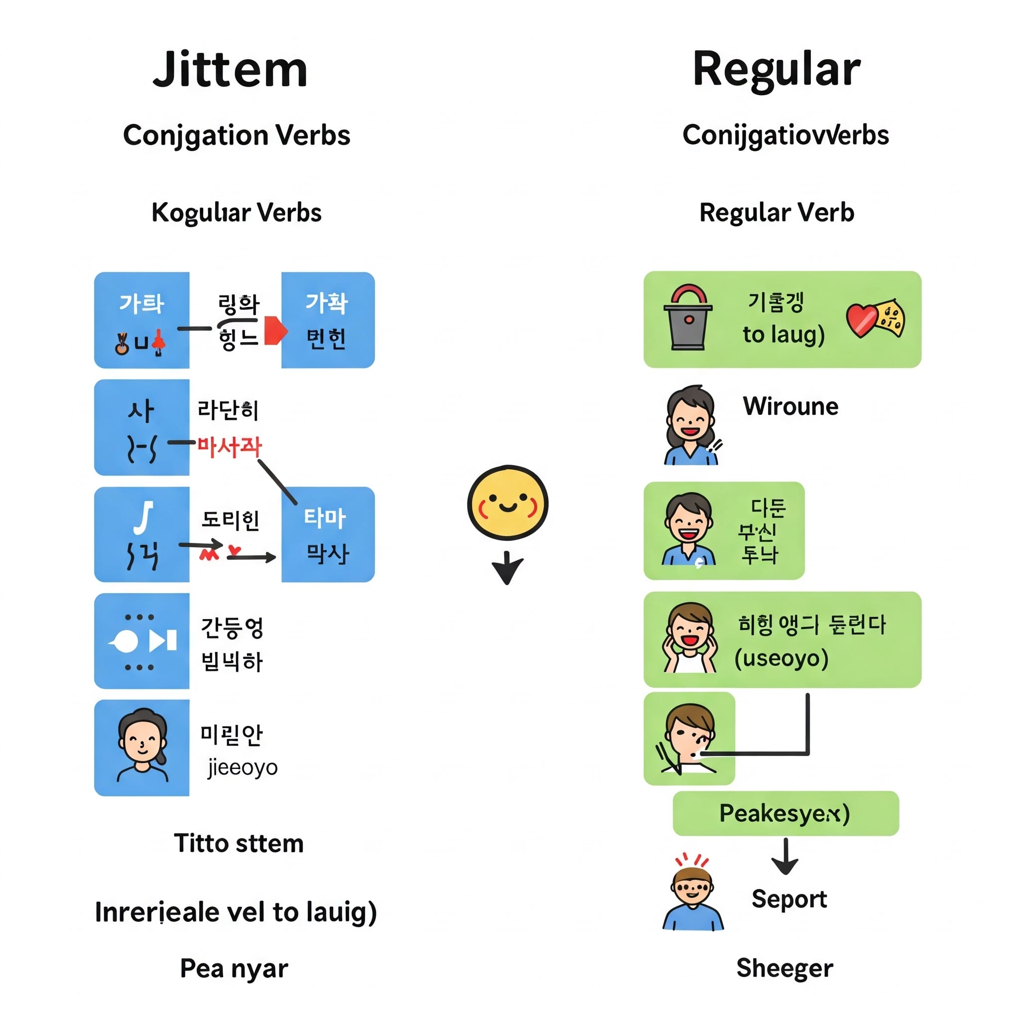 韓国語のㅅ変則動詞と規則動詞の活用比較イラスト