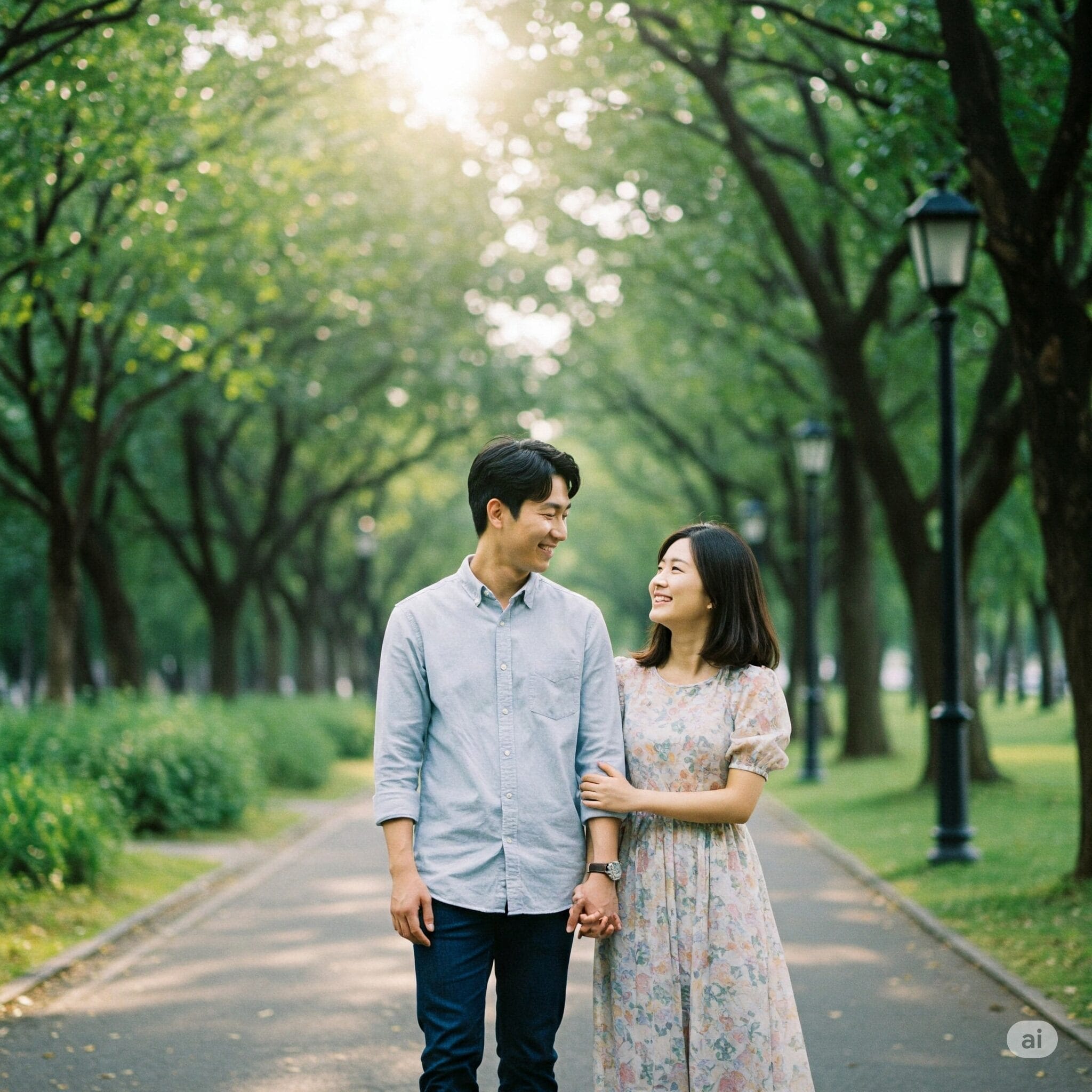 公園のベンチで若い韓国人カップルが親しげに話しているロマンチックなシーン。女性が男性を愛情込めて見上げている。