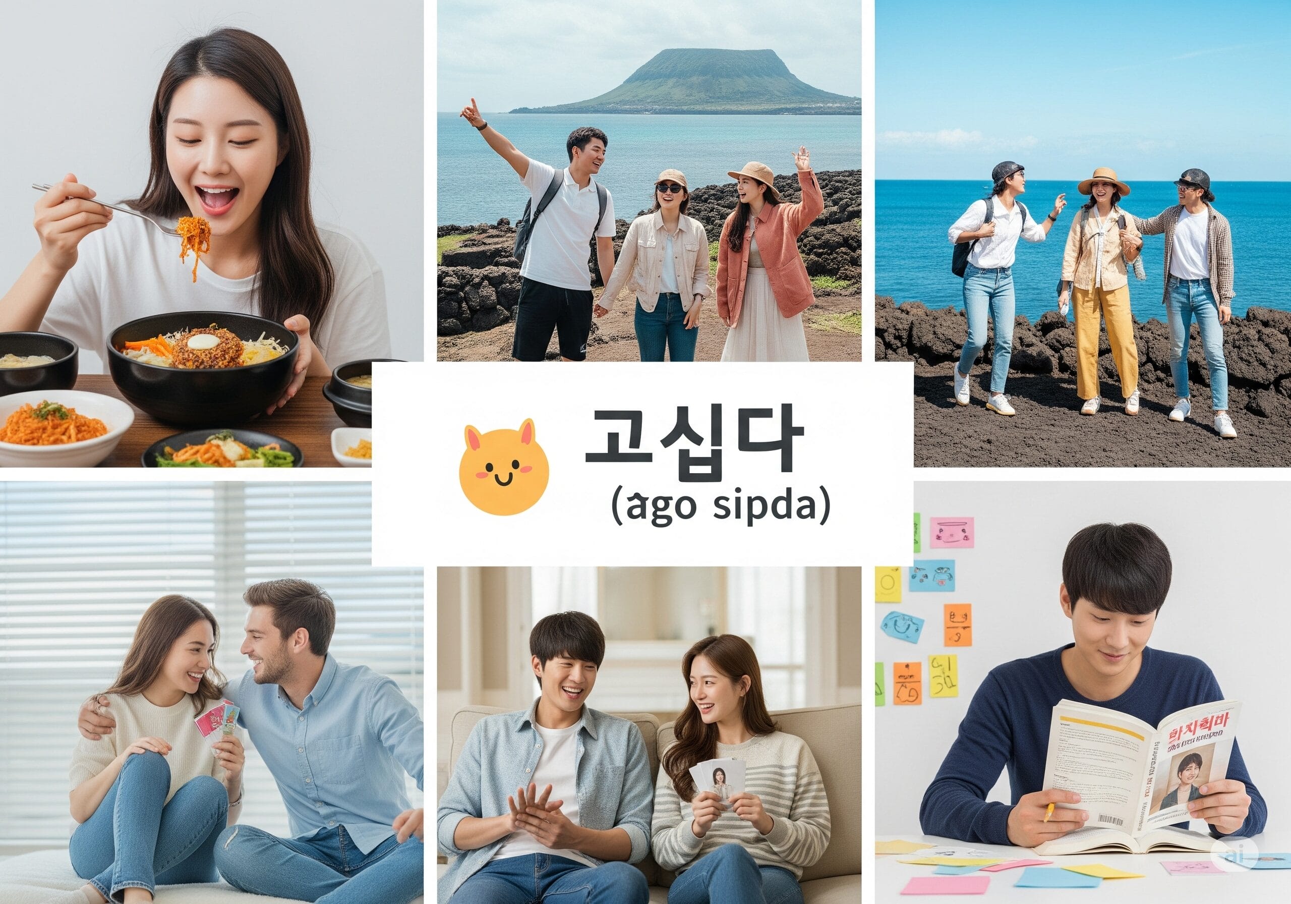韓国料理、済州島の風景、韓流ドラマ、韓国語学習など、様々な「～したい」活動を示すコラージュ画像。