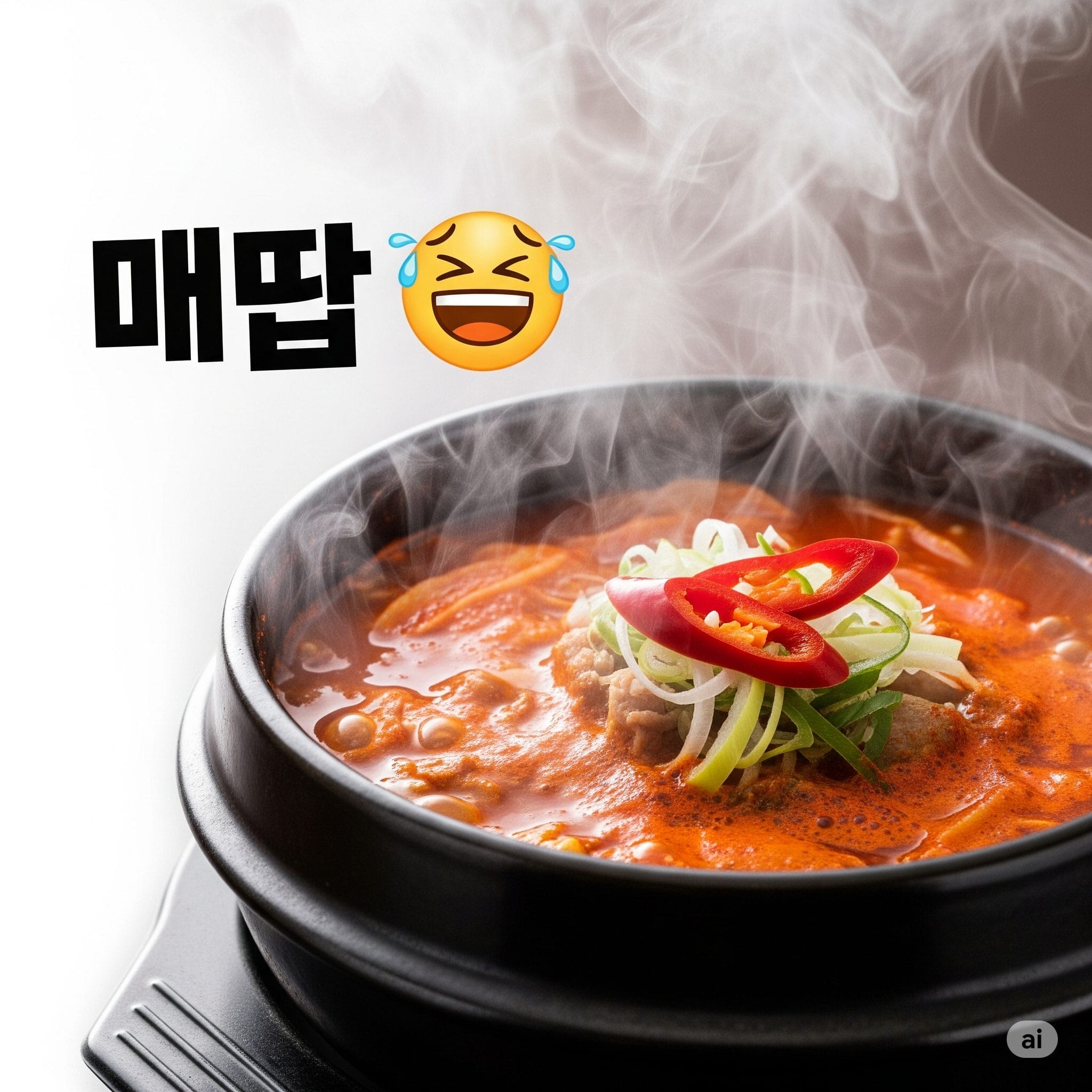 湯気の立つ辛い韓国チゲと「맵다」の文字