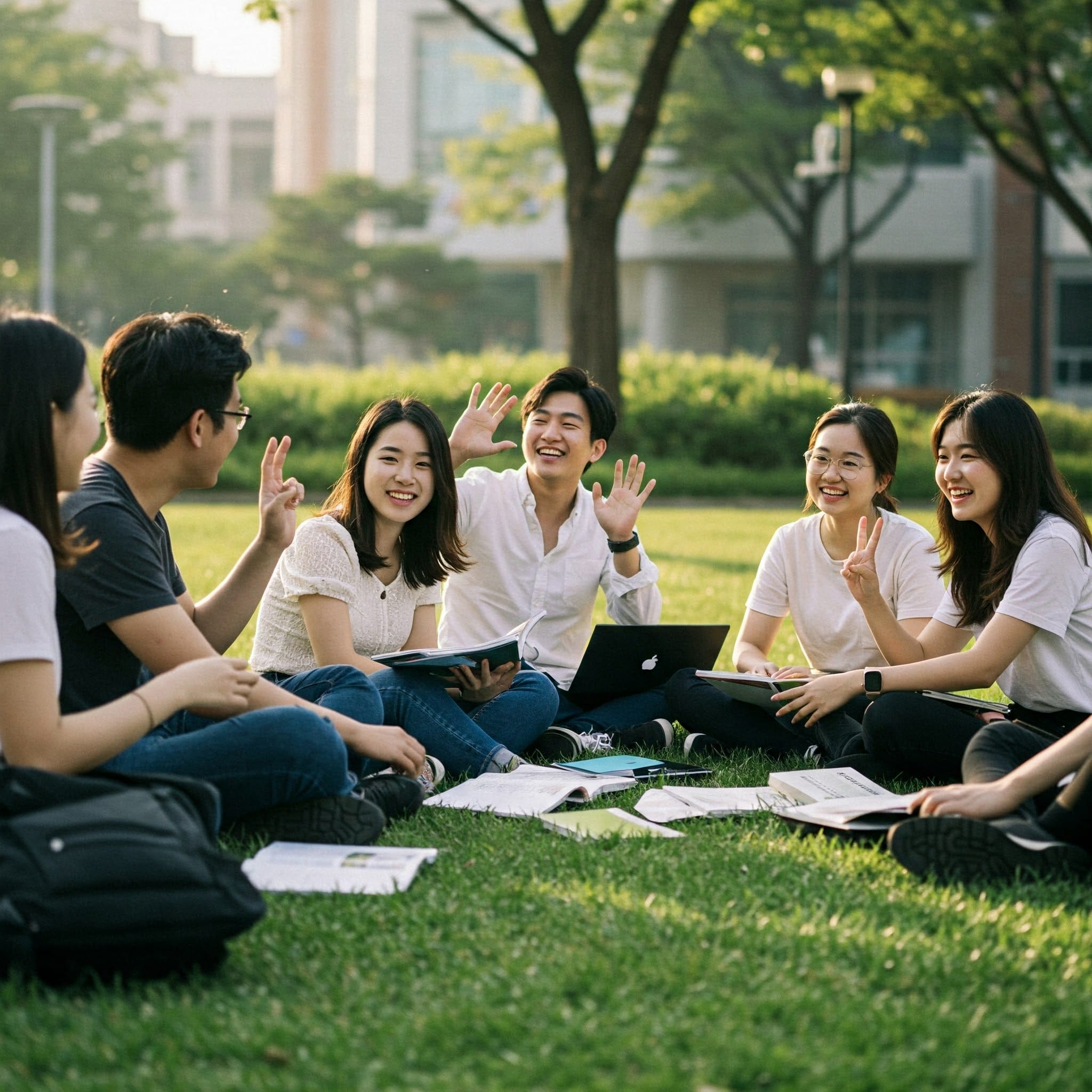 カジュアルな挨拶を交わす大学生
