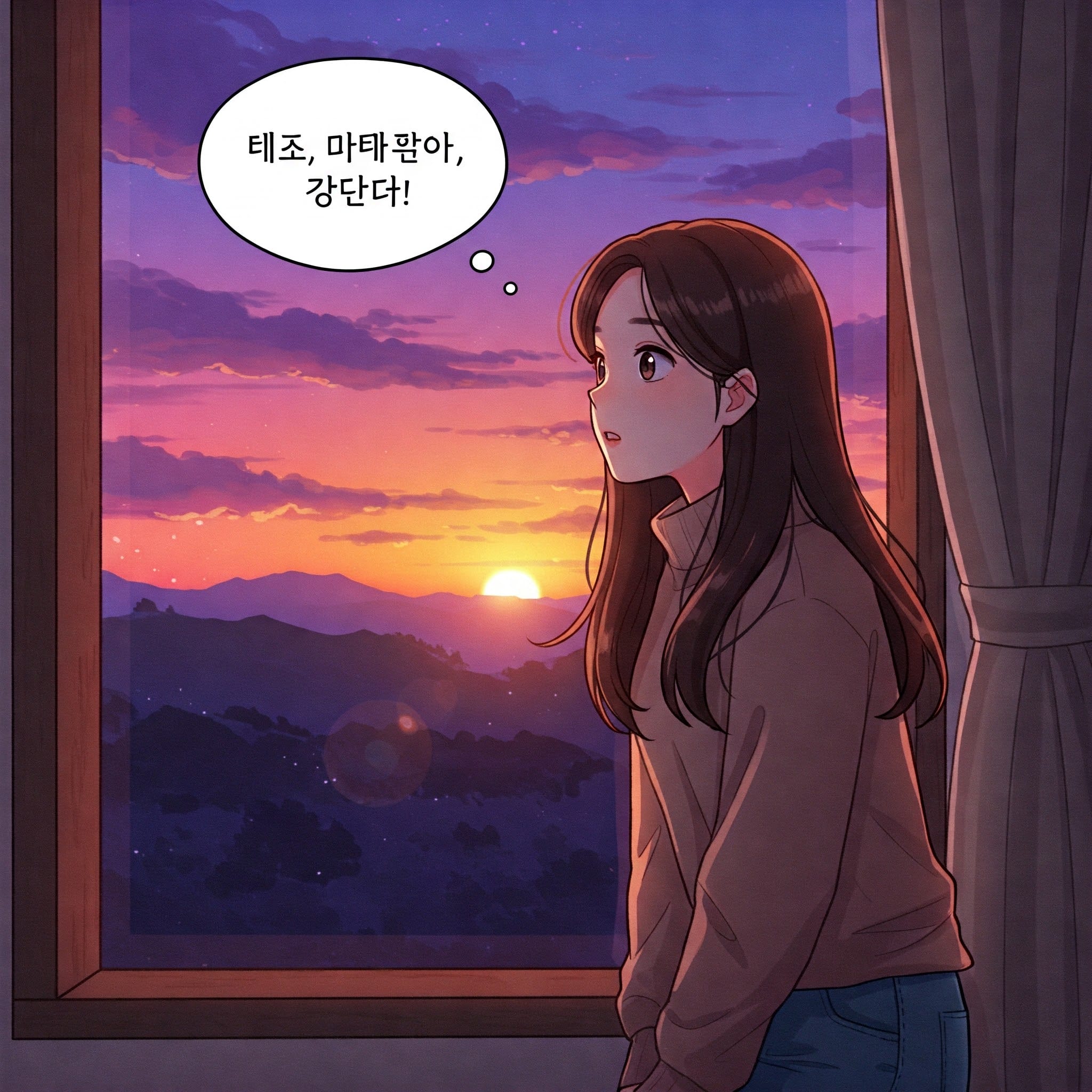 美しい夕焼けを見て「アルムダプネヨ！」と感動する人物