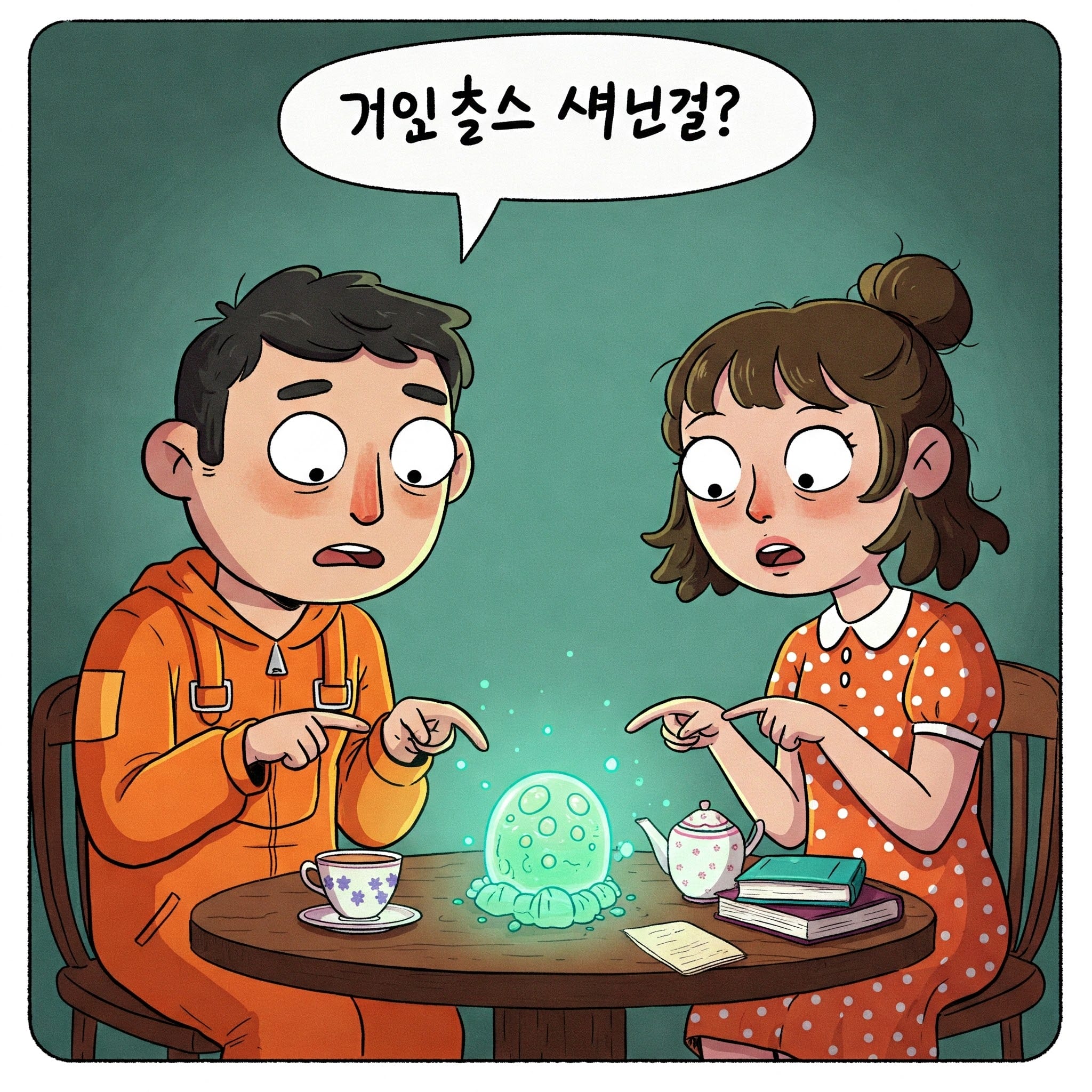 「이게 뭐야? (イゲ ムォヤ？)」と不思議なものを見る二人