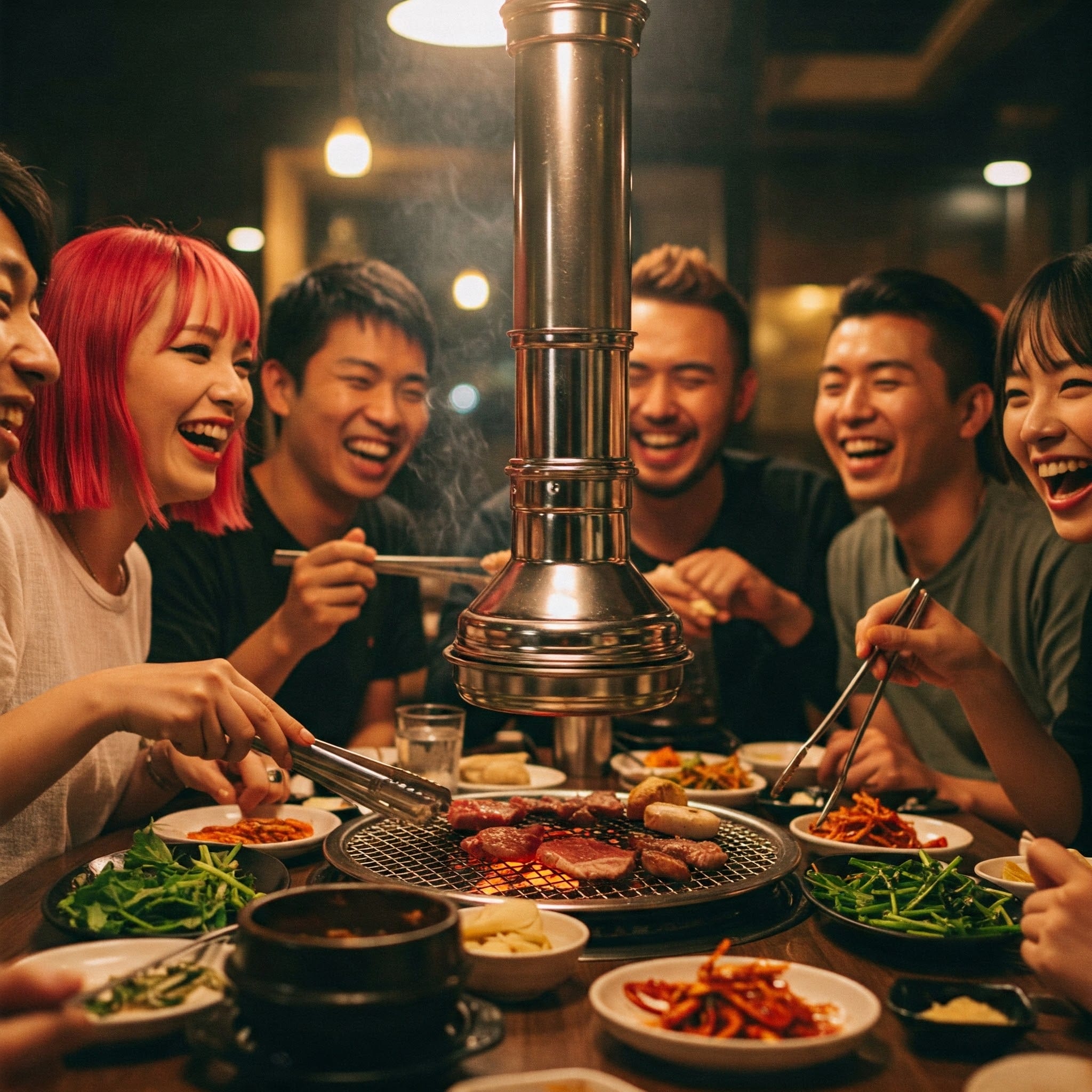日本人と韓国人の友人グループが一緒に韓国焼肉を囲んで楽しそうにしている様子