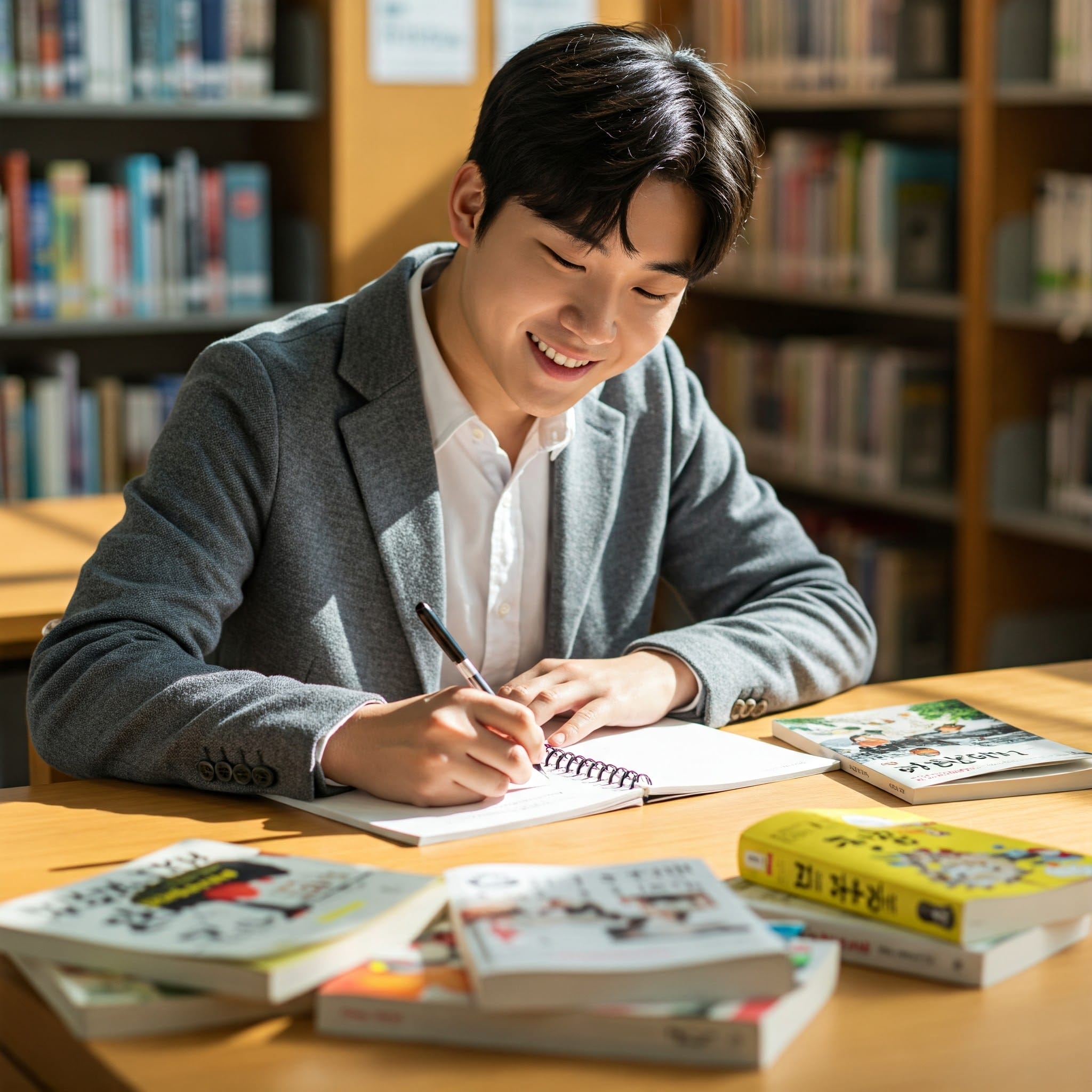 明るい未来や目標達成をイメージさせる画像。한다体を使った学習の成果を表す。