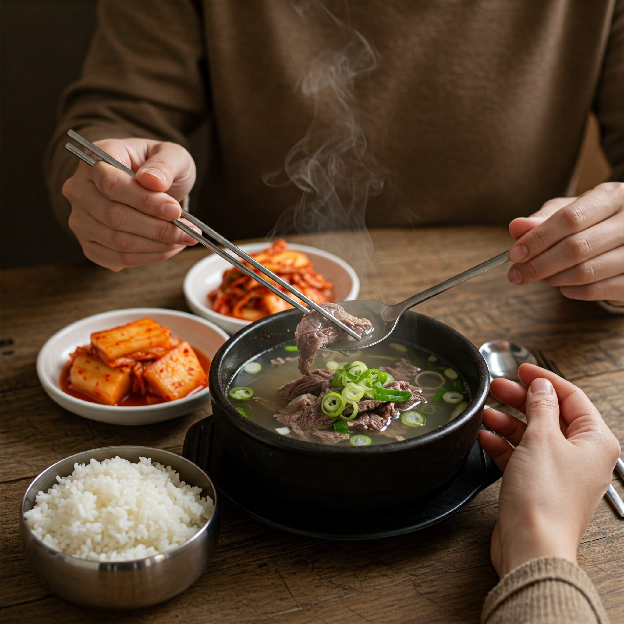 食卓に並んだキムチチゲ、ミヨックッ、ナクチジョンゴル、サムゲタンなど様々な韓国の汁物
