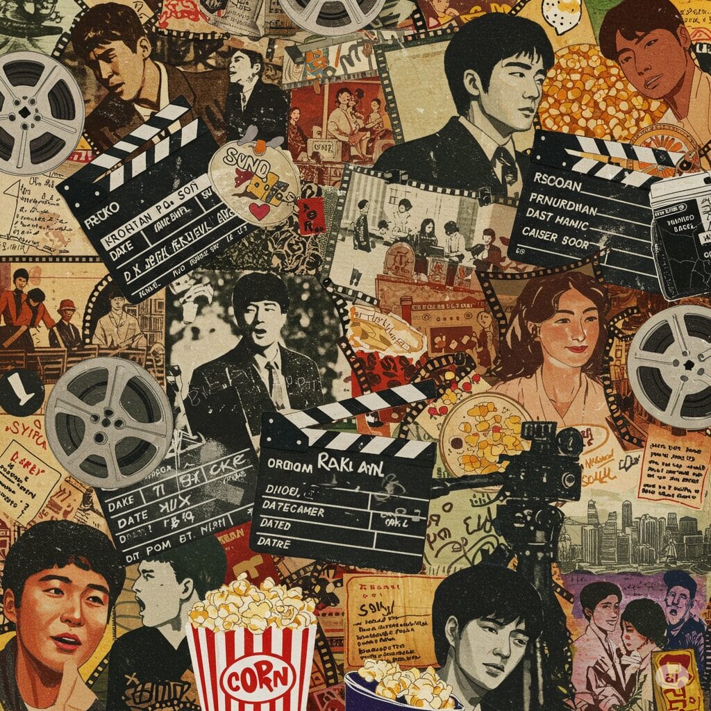 映画フィルムやカチンコ、ポップコーンなどを背景に、釜山方言が使われる映画やドラマのシーンを思わせるシルエット。