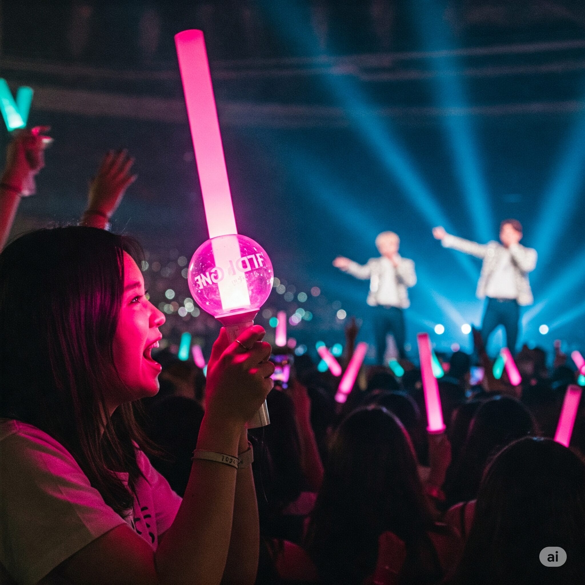 K-POPコンサートで熱狂的に声援を送る女性ファンとステージ上の男性アイドル。ファンの情熱とアイドルのカリスマ性が伝わる。