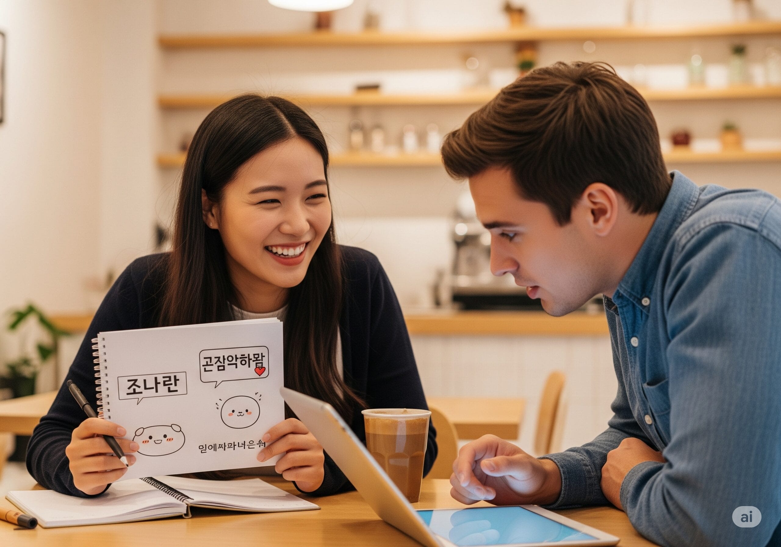 ソウルのカフェで、韓国人の友人と外国人の友人がノートを見ながら楽しそうに韓国語で会話している様子。