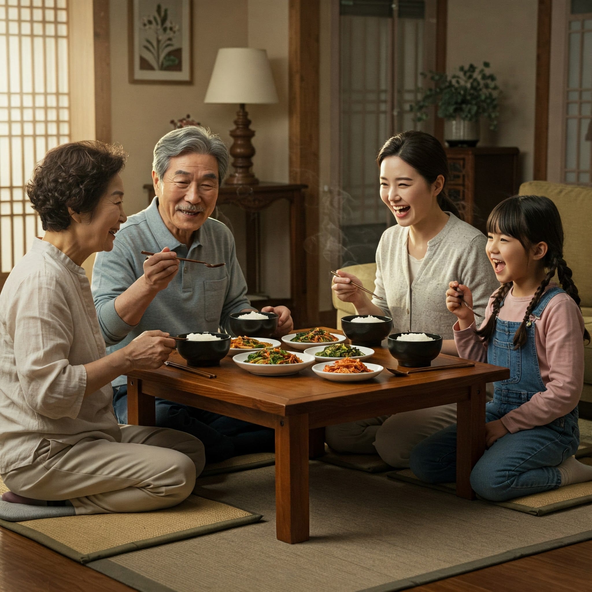 韓国の家庭で三世代家族が食卓を囲み、温かく会話している光景