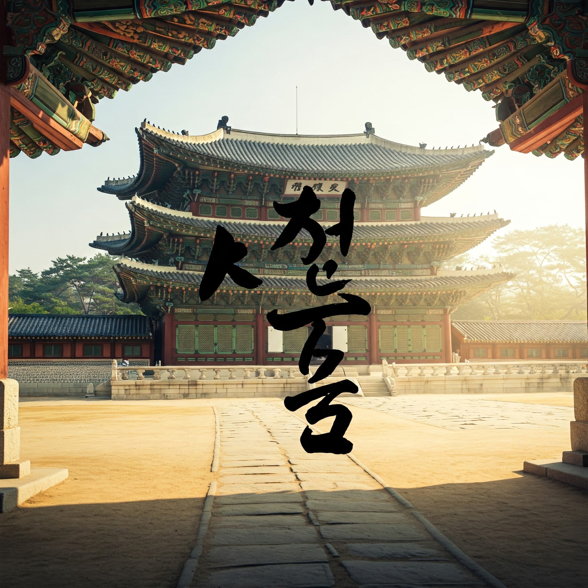 韓国の宮殿を背景にしたハングルカリグラフィー「사랑」