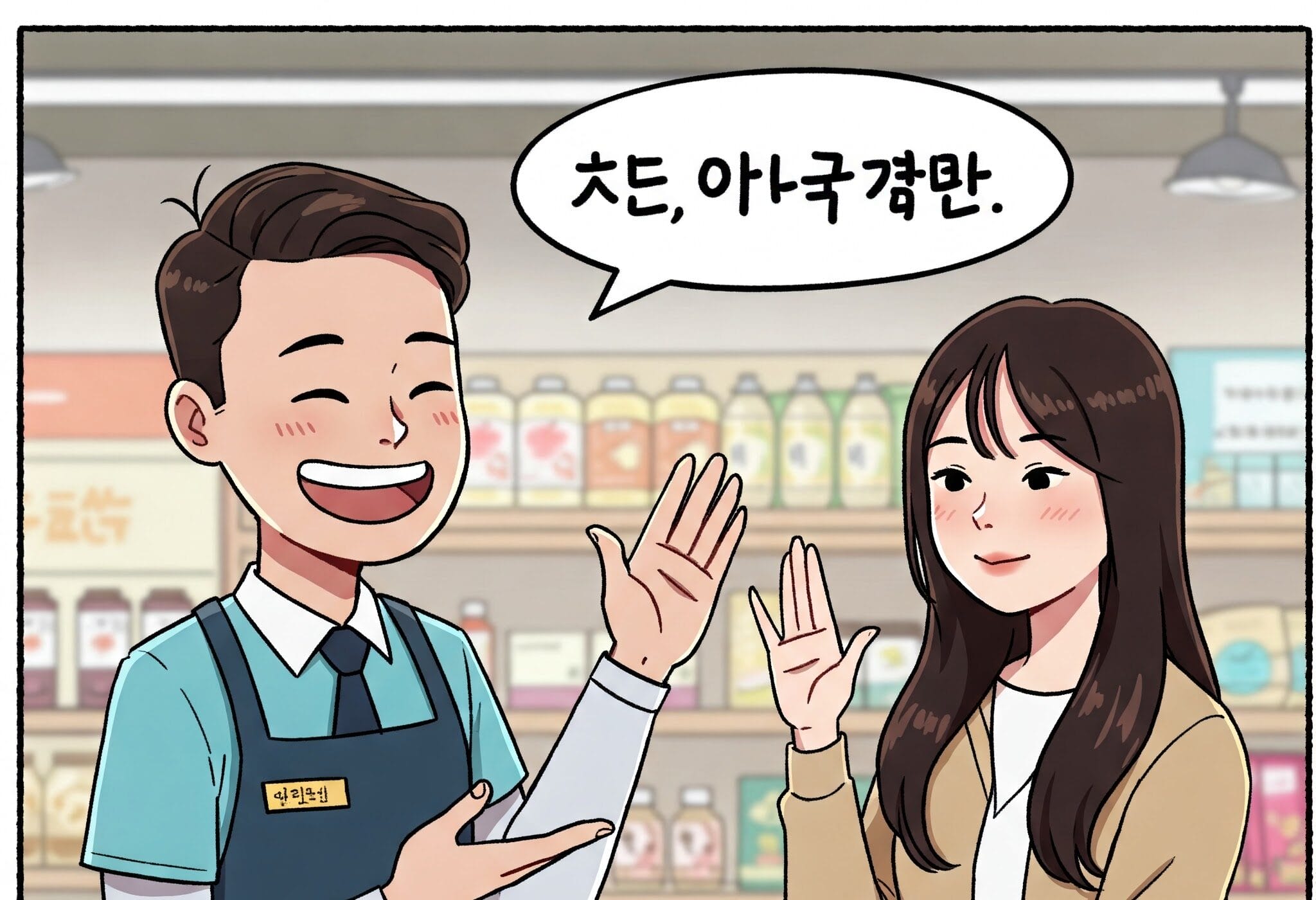 笑顔の店員が、手を挙げている女性に話しかけている。二人は商品棚を背にした通路に立っている。吹き出しには韓国語のテキストが書かれている。.
