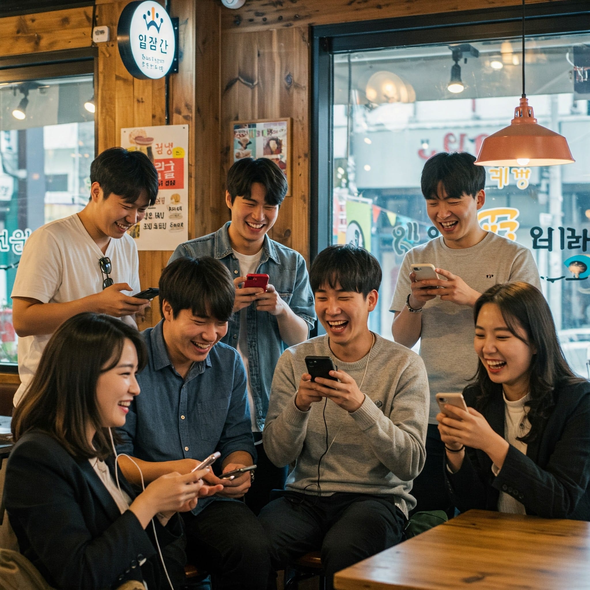 男女の友人グループがカフェで楽しそうに話している様子