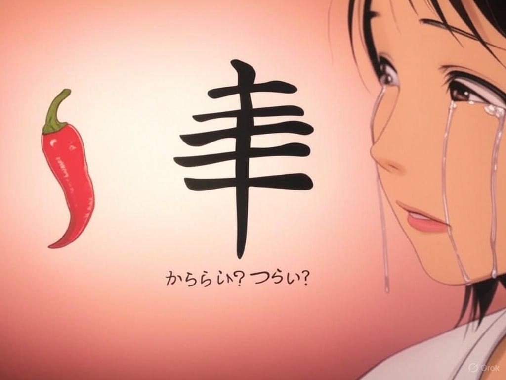 アニメ風の人物が唐辛子と日本語の文字の横で泣いており、その間の中央に漢字の文字があります。.