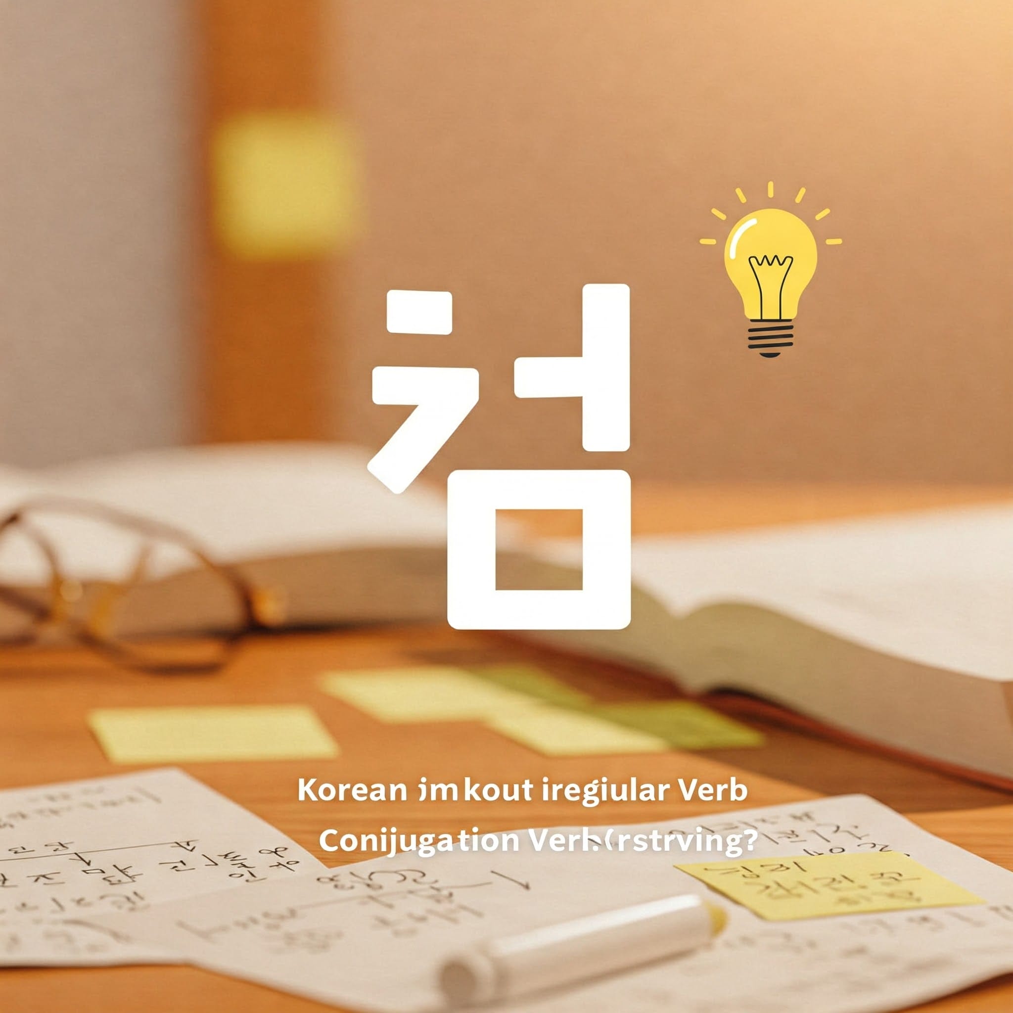 開いた本、付箋、手書きのメモ、その上に電球アイコンが付いた大きな韓国語の文字が置かれた机。韓国語の不規則動詞の活用に関するテキスト。.