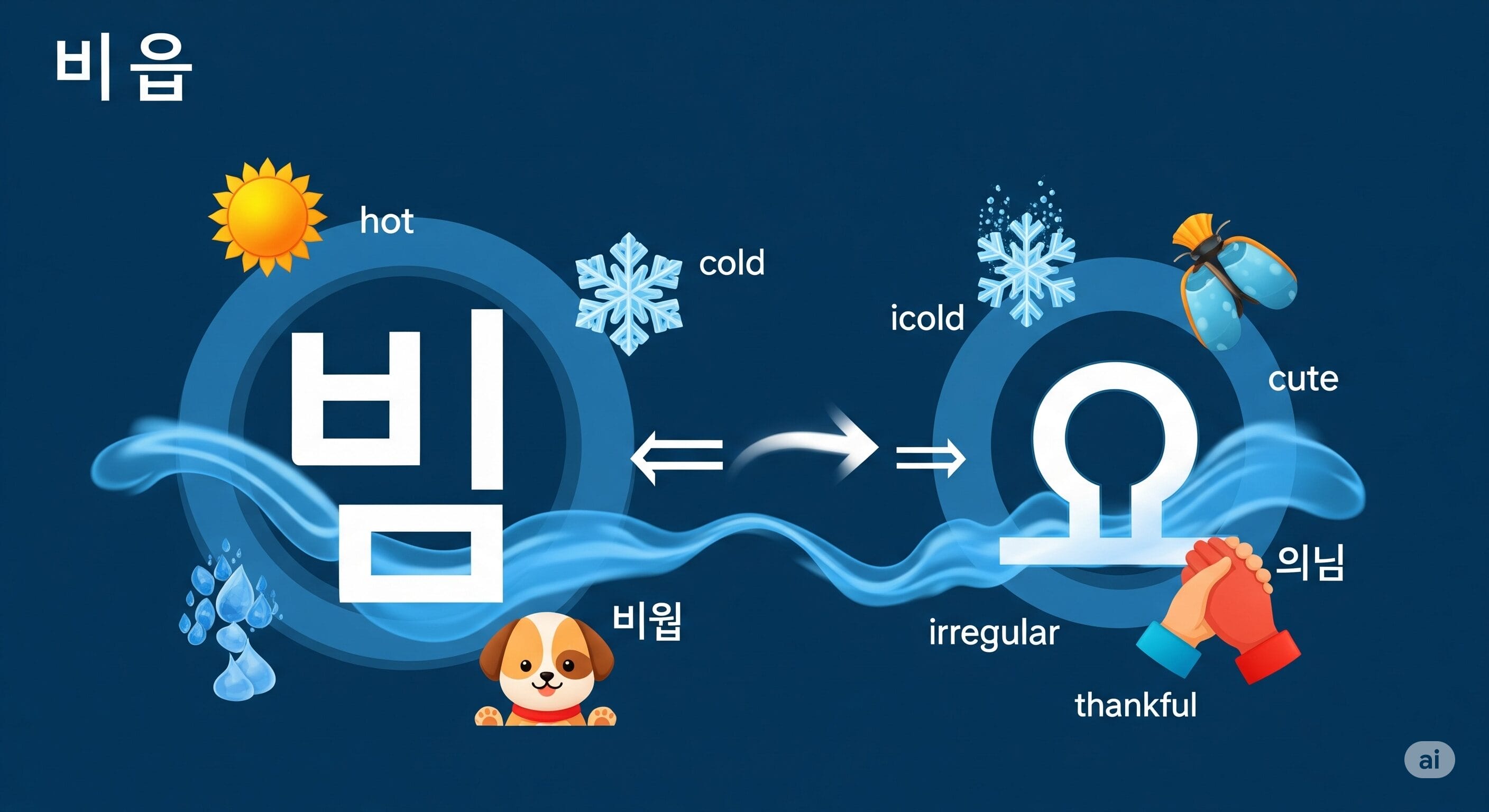 イラスト付きの韓国語の文字: 「暑い」と書かれた太陽、「寒い」と書かれた雪の結晶、犬、アイススケート、水滴、祈る手など、単語の関連性と意味を示します。.