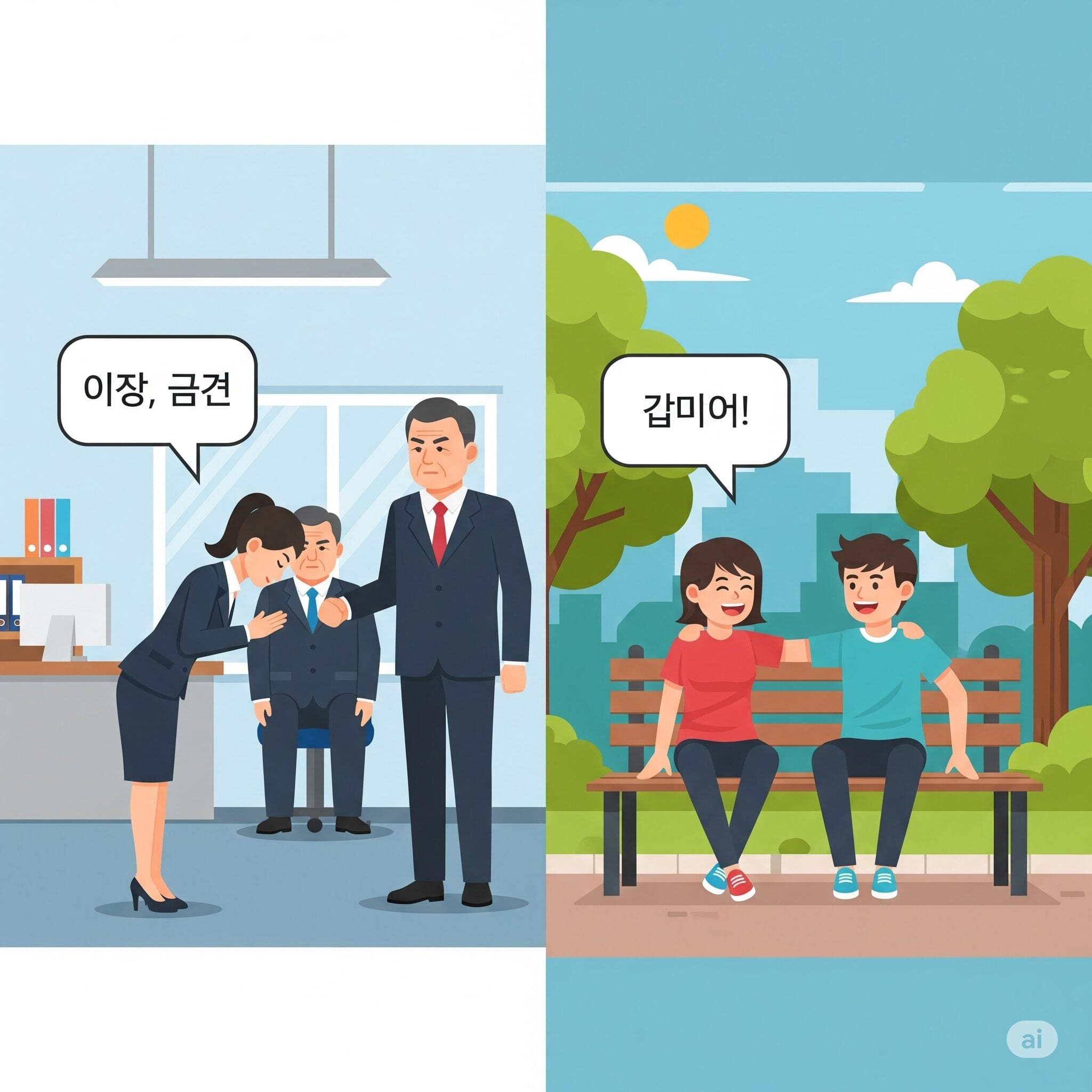 フォーマルな場面とカジュアルな場面での言葉遣いの違いを示すイラスト