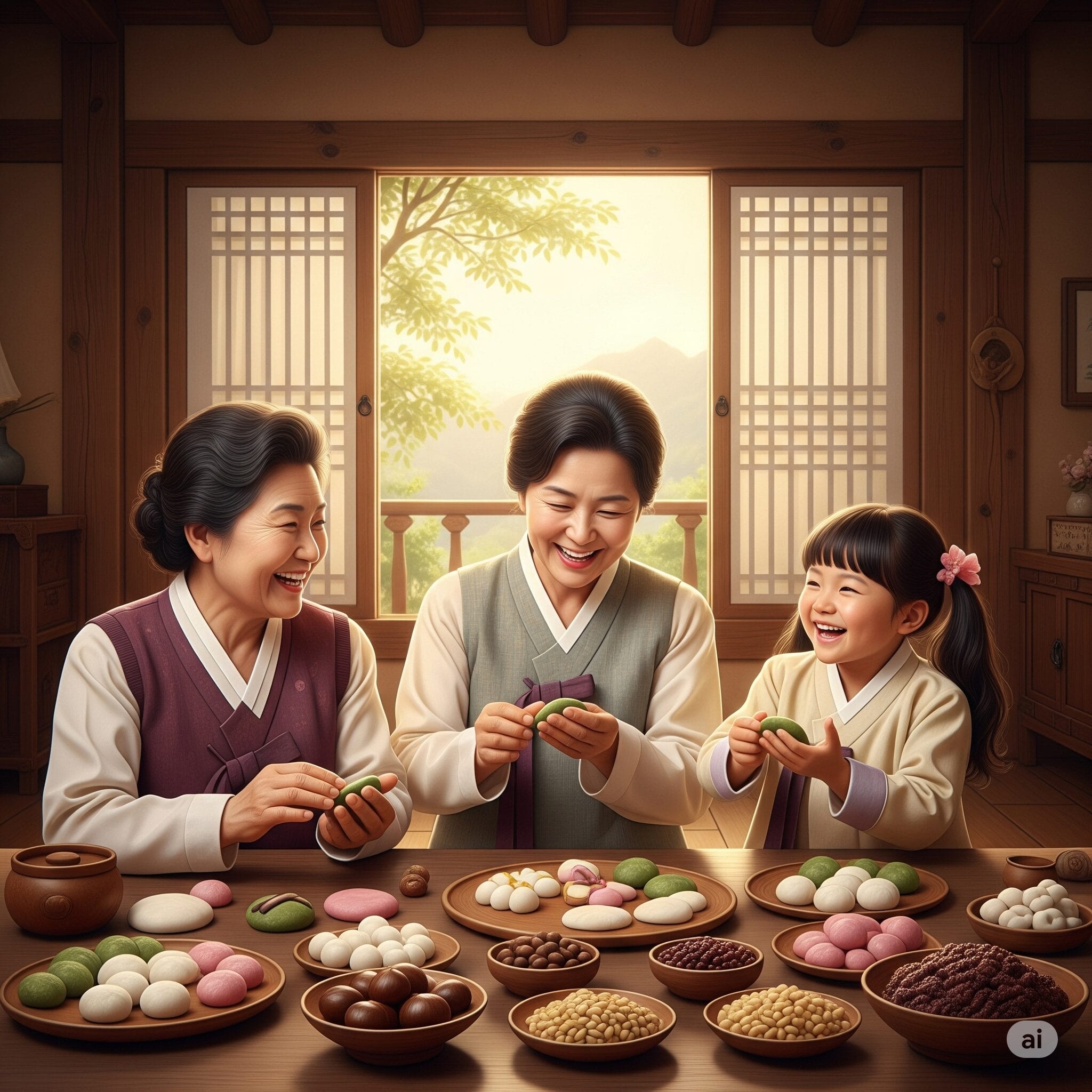 家族みんなで楽しそうにソンピョンを作っている様子