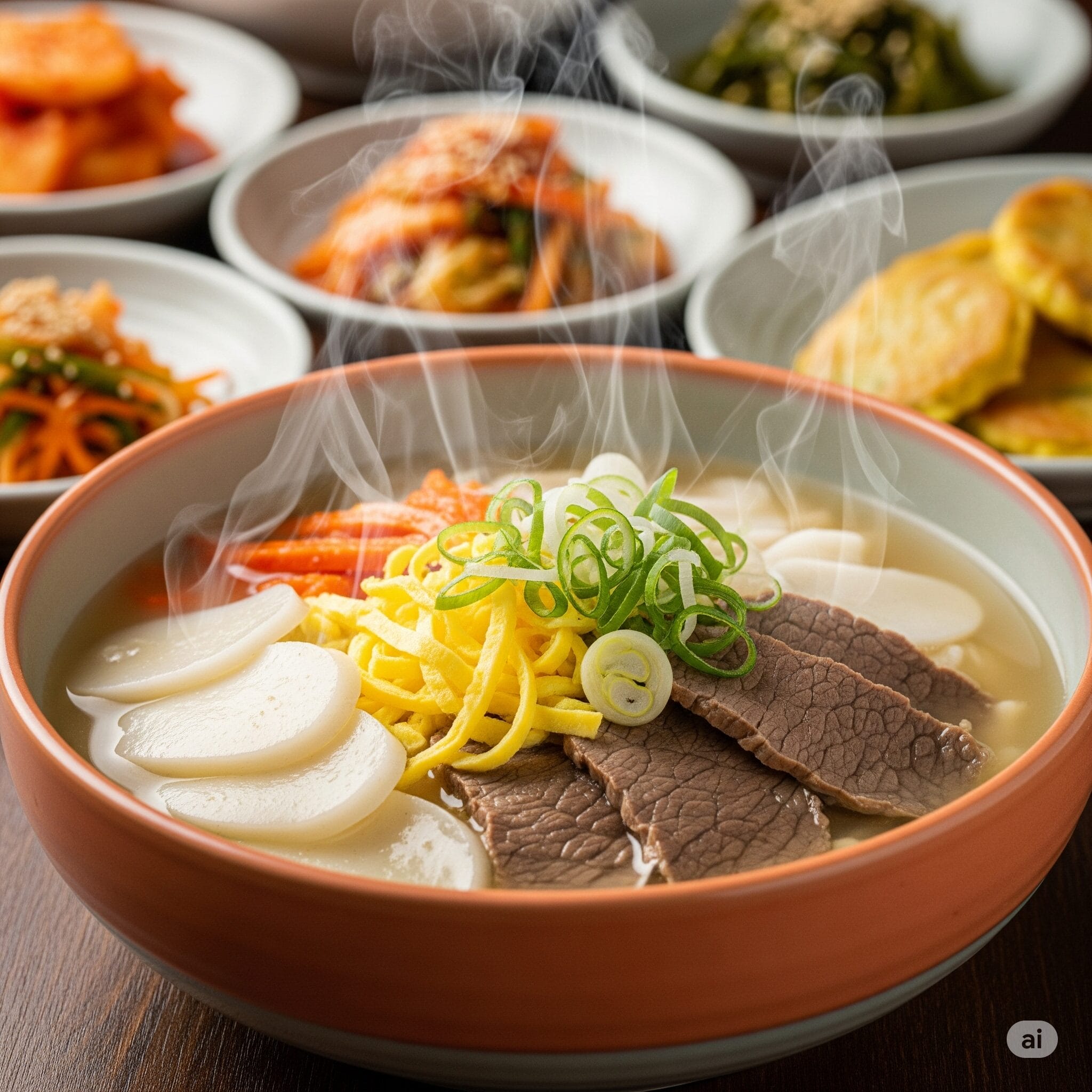 湯気が立つ美味しそうなトックッ（韓国の餅スープ）