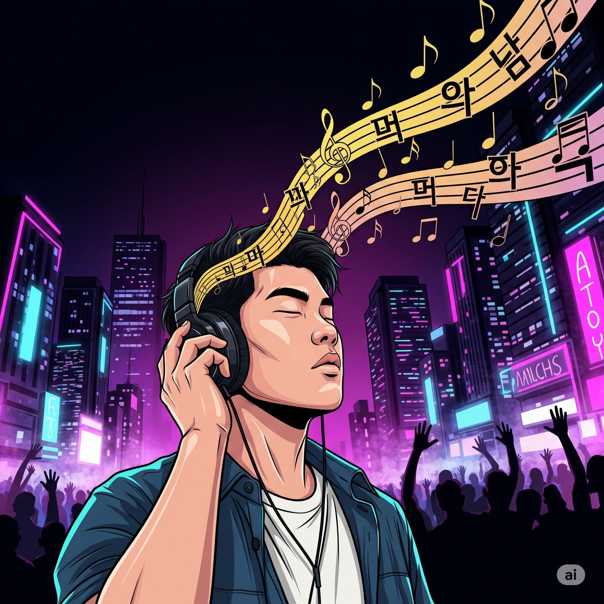 ヘッドフォンでK-POPを聴いている若者のダイナミックなイラスト。「니가」という文字が音符と共に流れている。