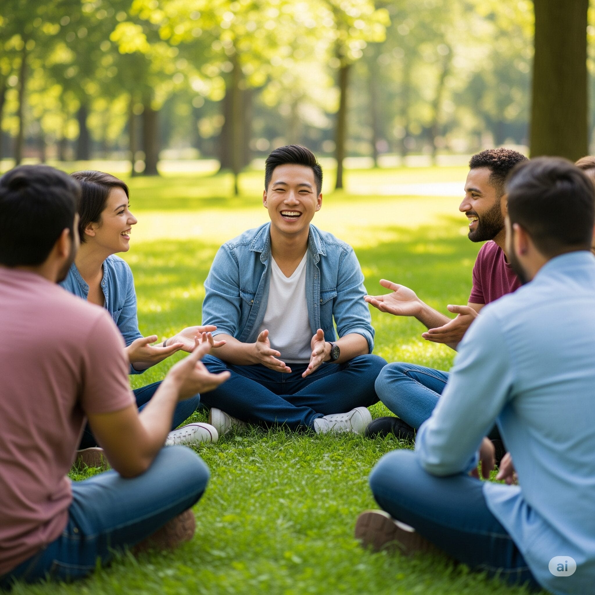 晴れた日に木々を背景に、人々が公園の芝生の上に輪になって座り、会話をしたり笑顔で韓国語を練習したりしています。.