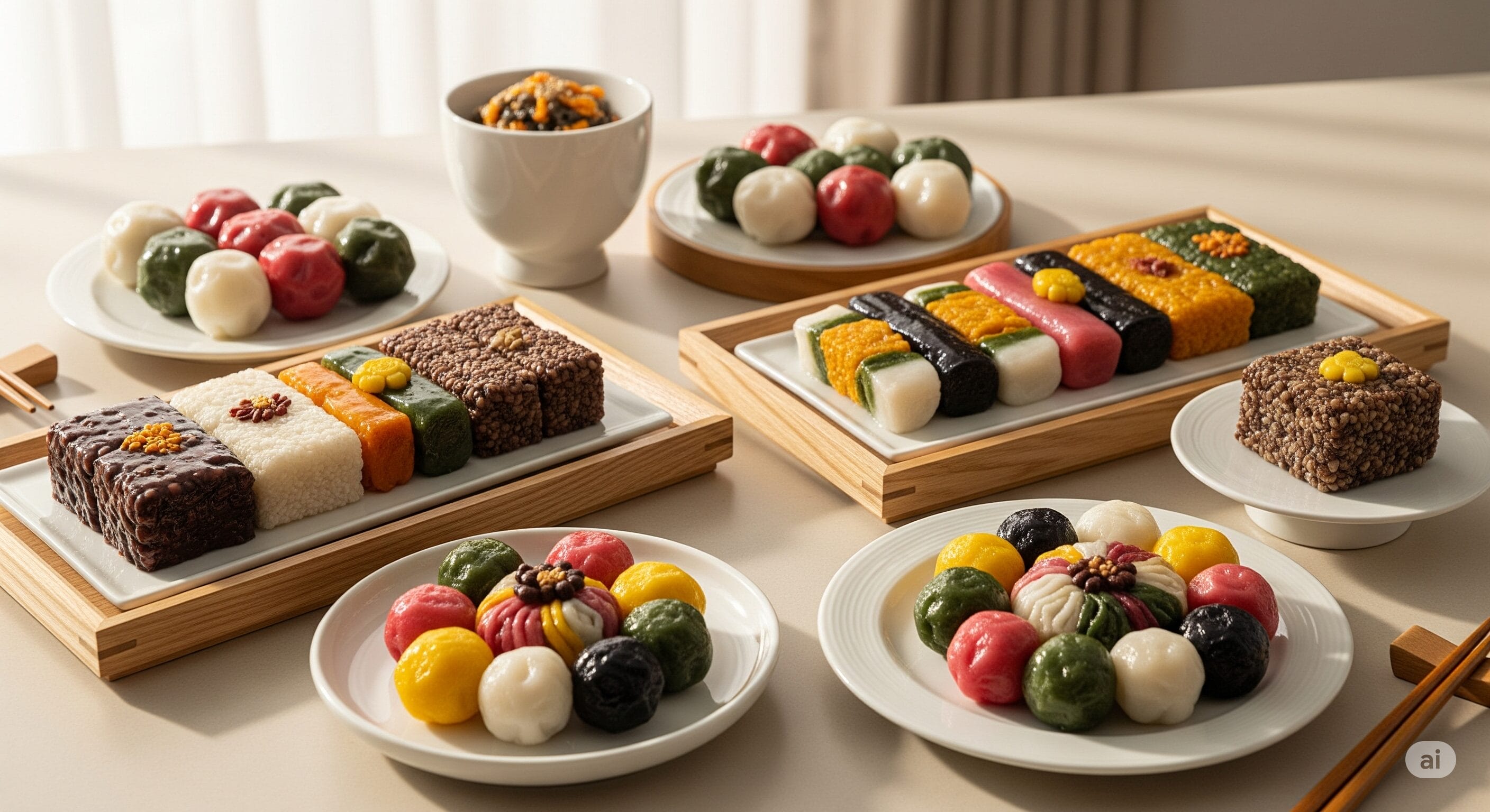 色とりどりの韓国餅やお菓子の詰め合わせが、テーブルの上の皿や盆に整然と並べられている。.